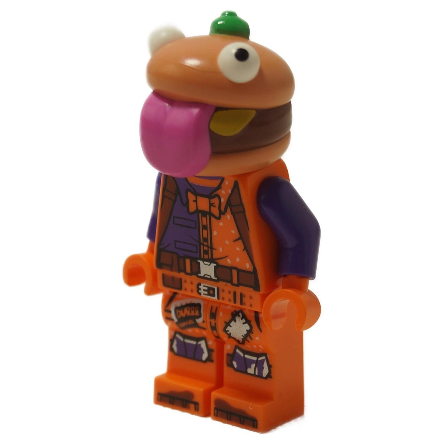 Beef Boss LEGO® Fortnite Minifigur mit Burgerkopf, lila Zunge, orangefarbener Outfit-Druck, Seitenansicht.