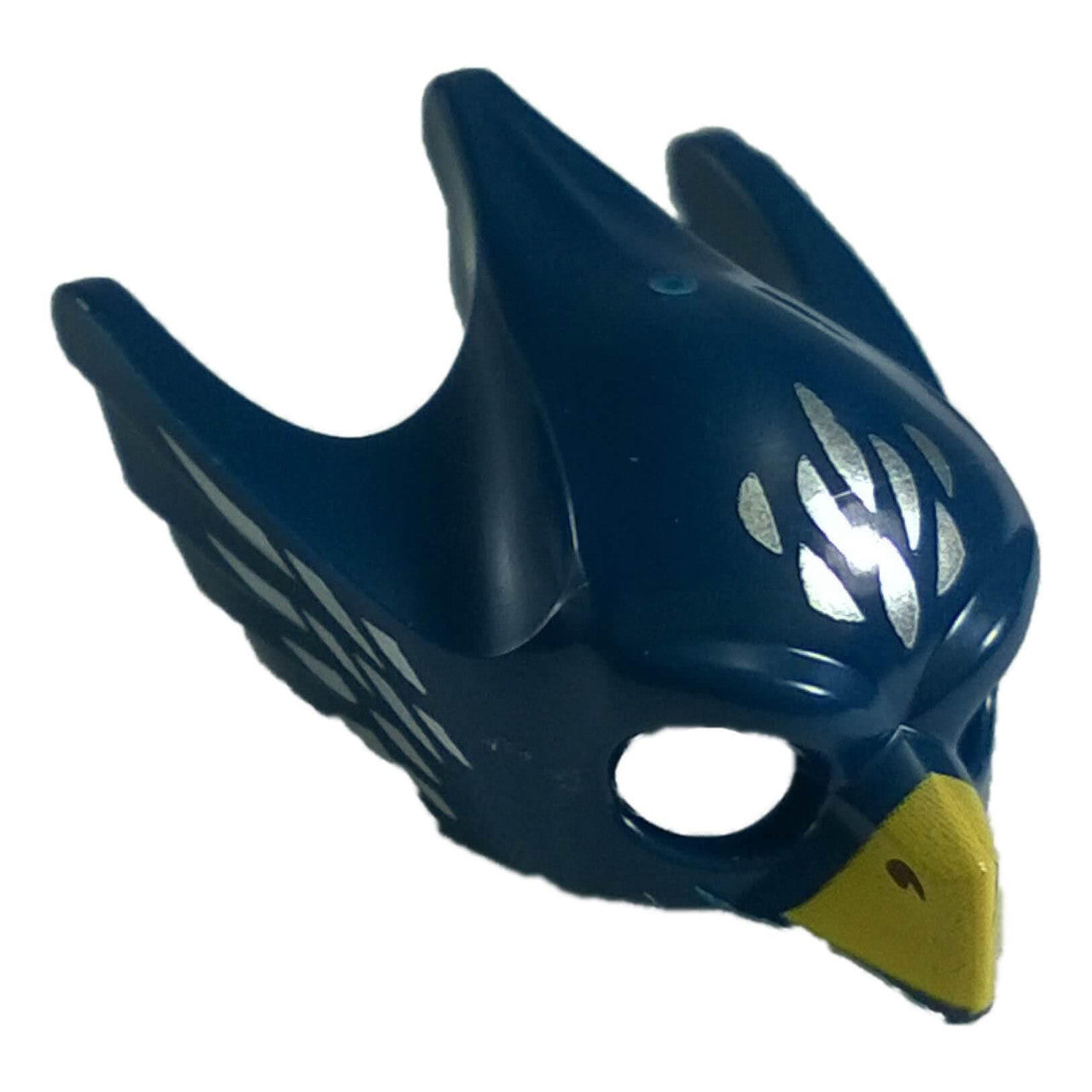 Dark blue LEGO eagle mask 12549pb05 with yellow beak and silver feathers.