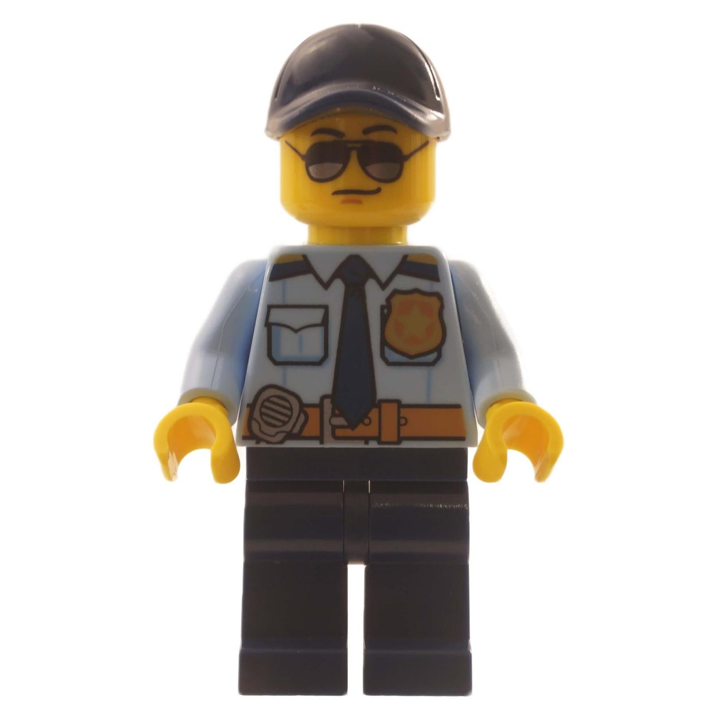 Female police officer minifigure with black cap, sunglasses, blue uniform torso and black legs