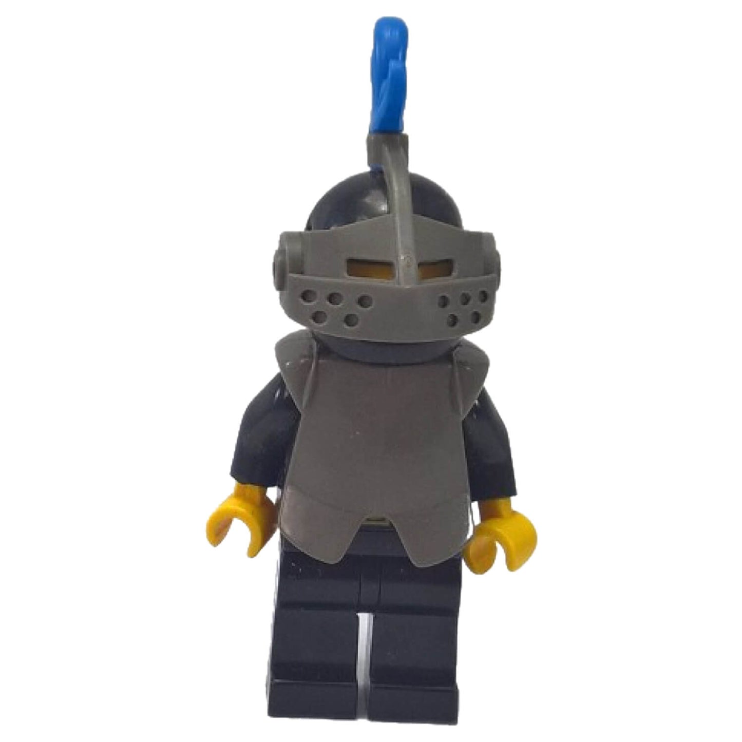 Black Knight cas173 minifigure with breastplate, dark grey visor and blue plume