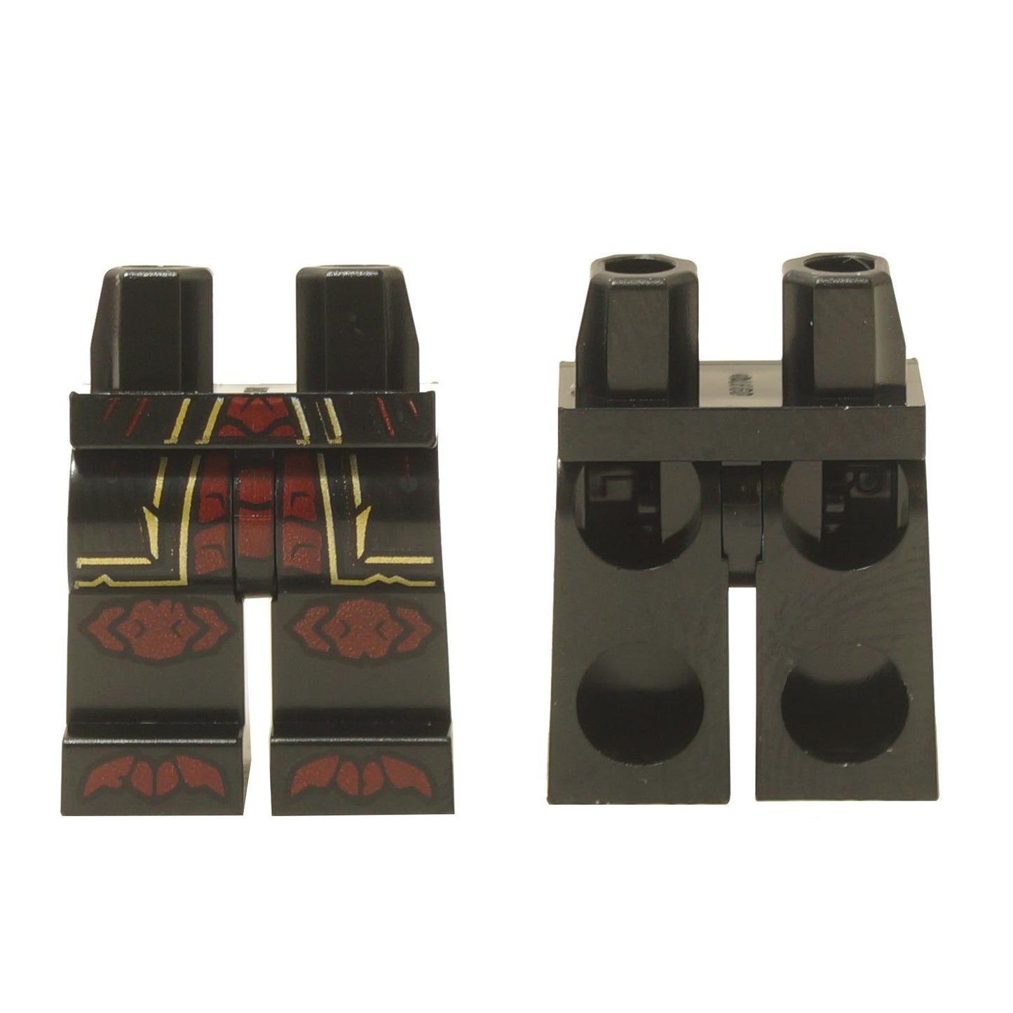 LEGO minifigure legs, black with gold trim and dark red armor, front and back