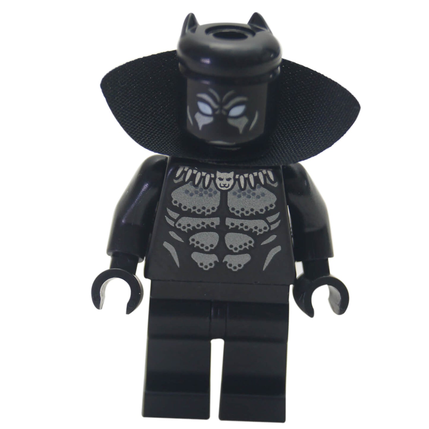 Black Panther minifigure with black collar cape and silver torso print