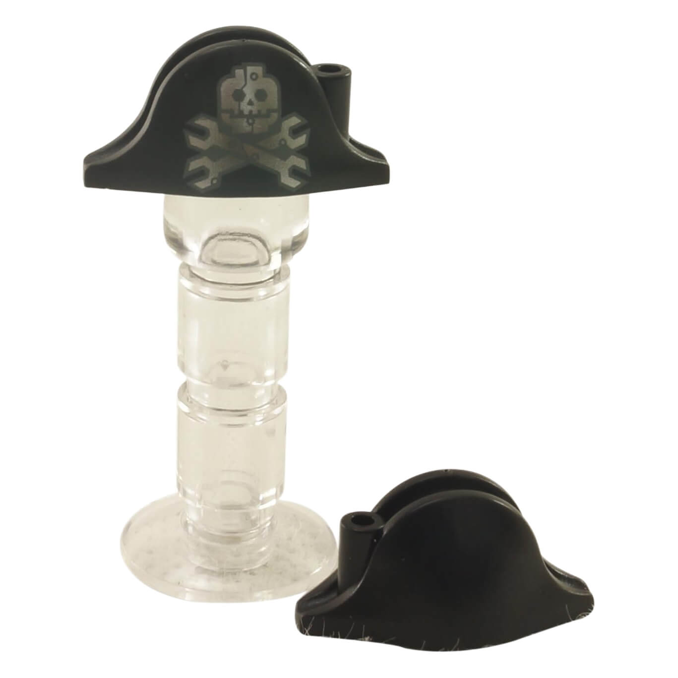Black LEGO® minifigure bicorne hat with silver skull, half mask and crossed wrenches pattern