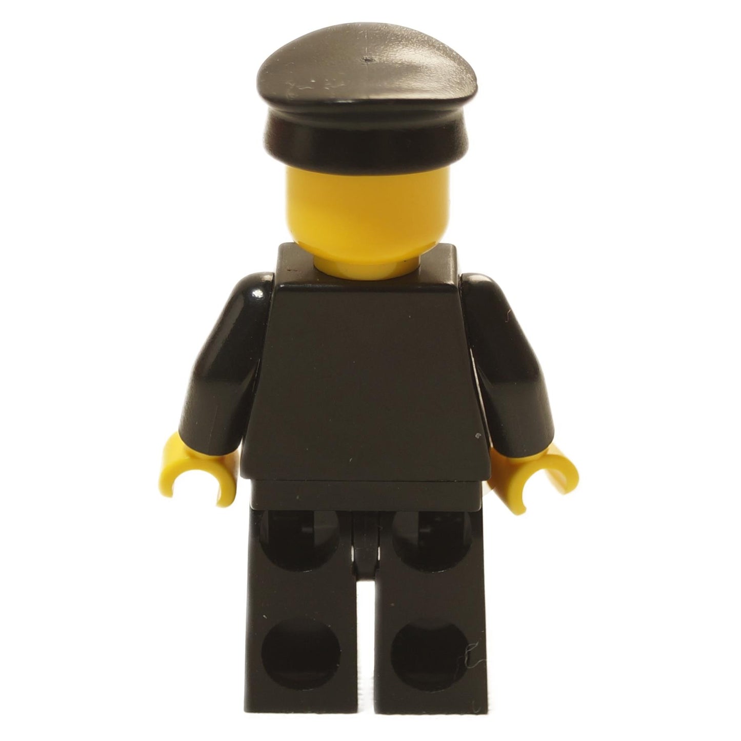 Back view of black police officer minifigure with black uniform and black cap