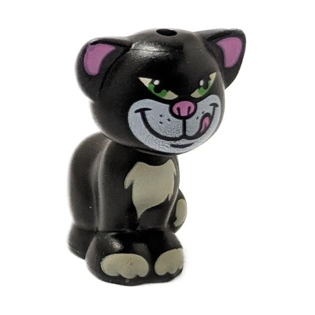 Black sitting cat with green eyes, pink nose and white paws pattern LEGO animal figure 11602pb07