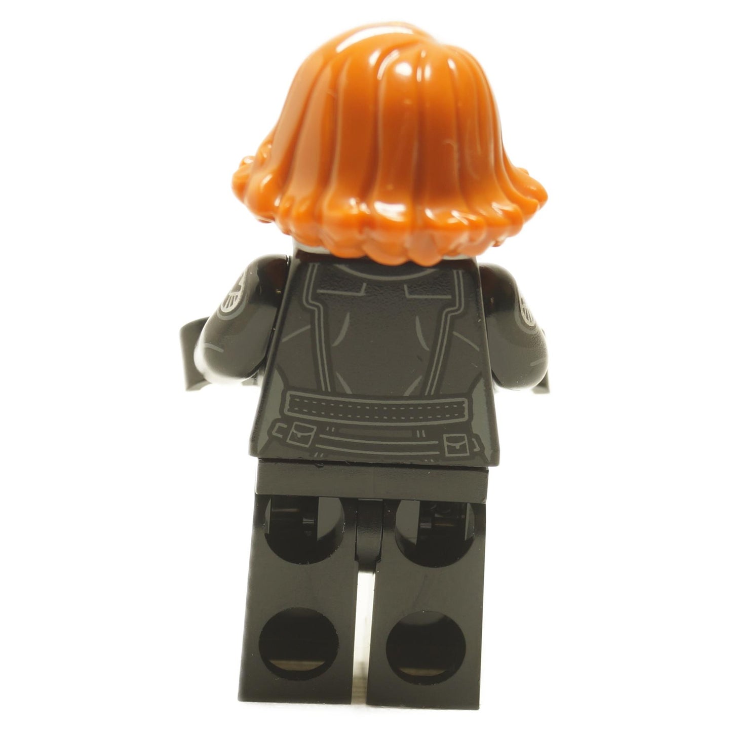 Rear view of LEGO Black Widow minifigure with dark orange short hair