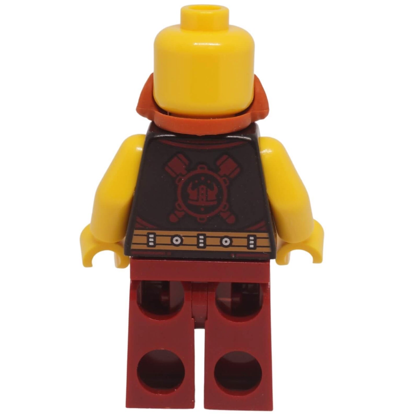 LEGO blacksmith minifigure with orange beard eyepatch and dark red workwear back profile view