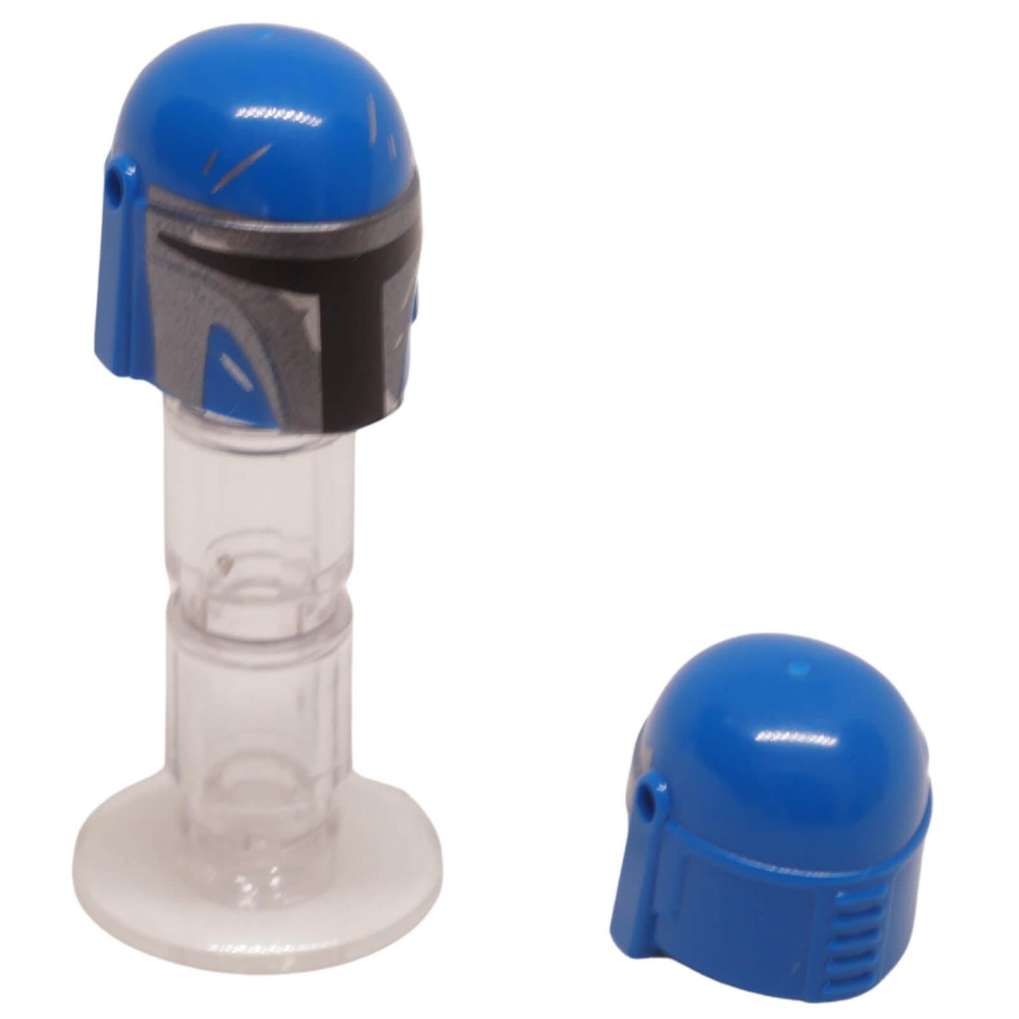 LEGO® blue Mandalorian helmet with silver battle damage and dark silver face printing (87610pb24).