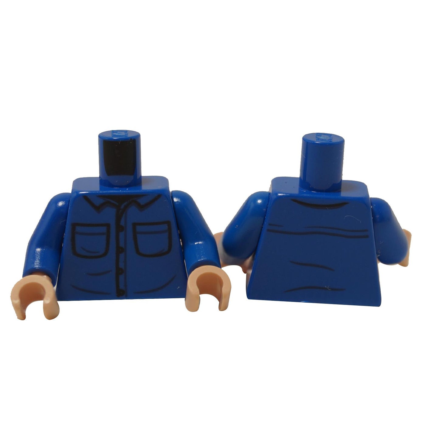 Blue minifigure torso with button-up shirt, collar and two pockets print, blue arms and light nougat hands