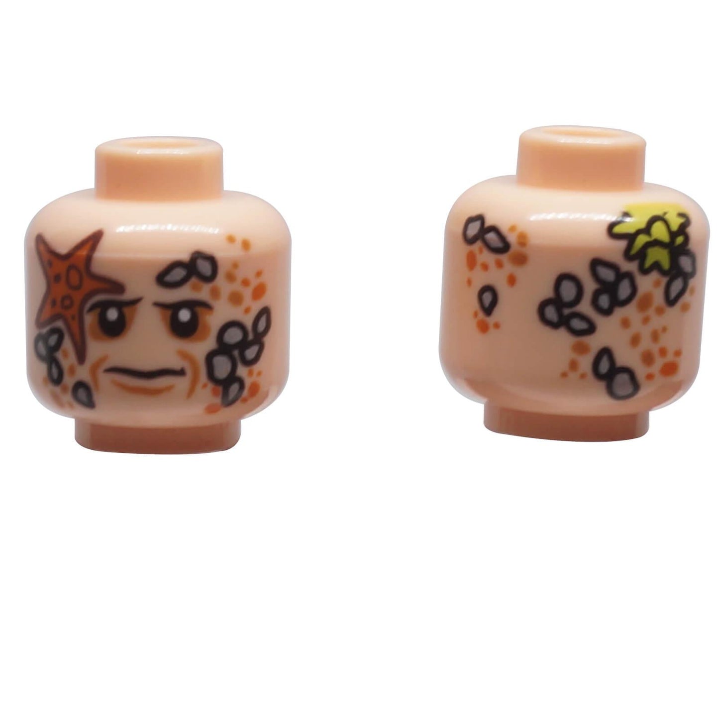 LEGO® Bootstrap Bill head 3626pb0631 shown front and back with barnacles, orange and yellow starfish and marine-growth face printing