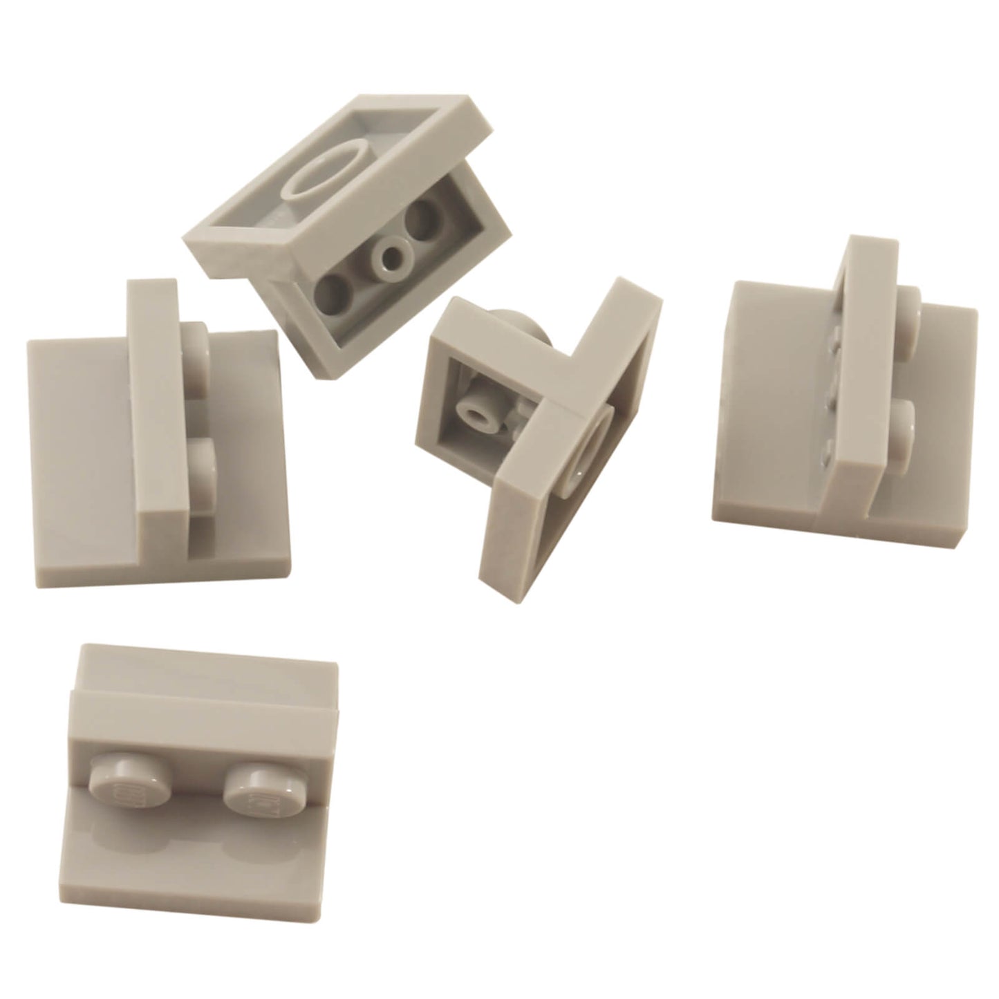 Light gray LEGO Bracket 2 x 2 - 1 x 2 Centered part 41682 shown from front and rear angles