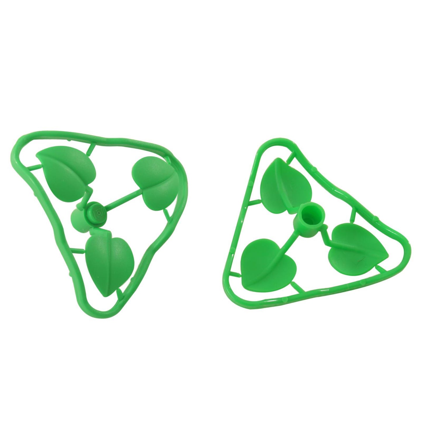 Two overlapping bright green LEGO sprue frames holding heart-shaped plant leaves, showing connections.