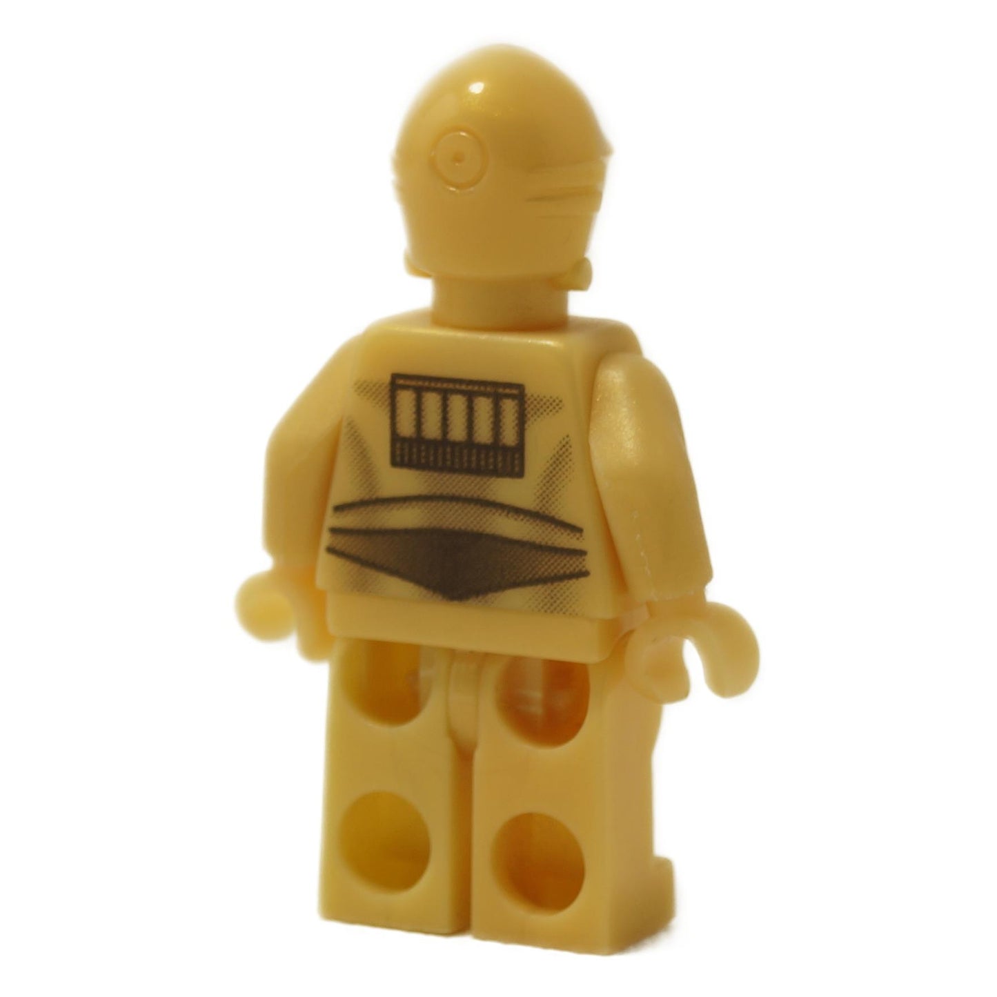 Backview of LEGO® Star Wars C-3PO minifigure (sw0161) in pearl gold with pearl light gold hands, featuring detailed back printing of circuitry and plating patterns, displayed on a white background.