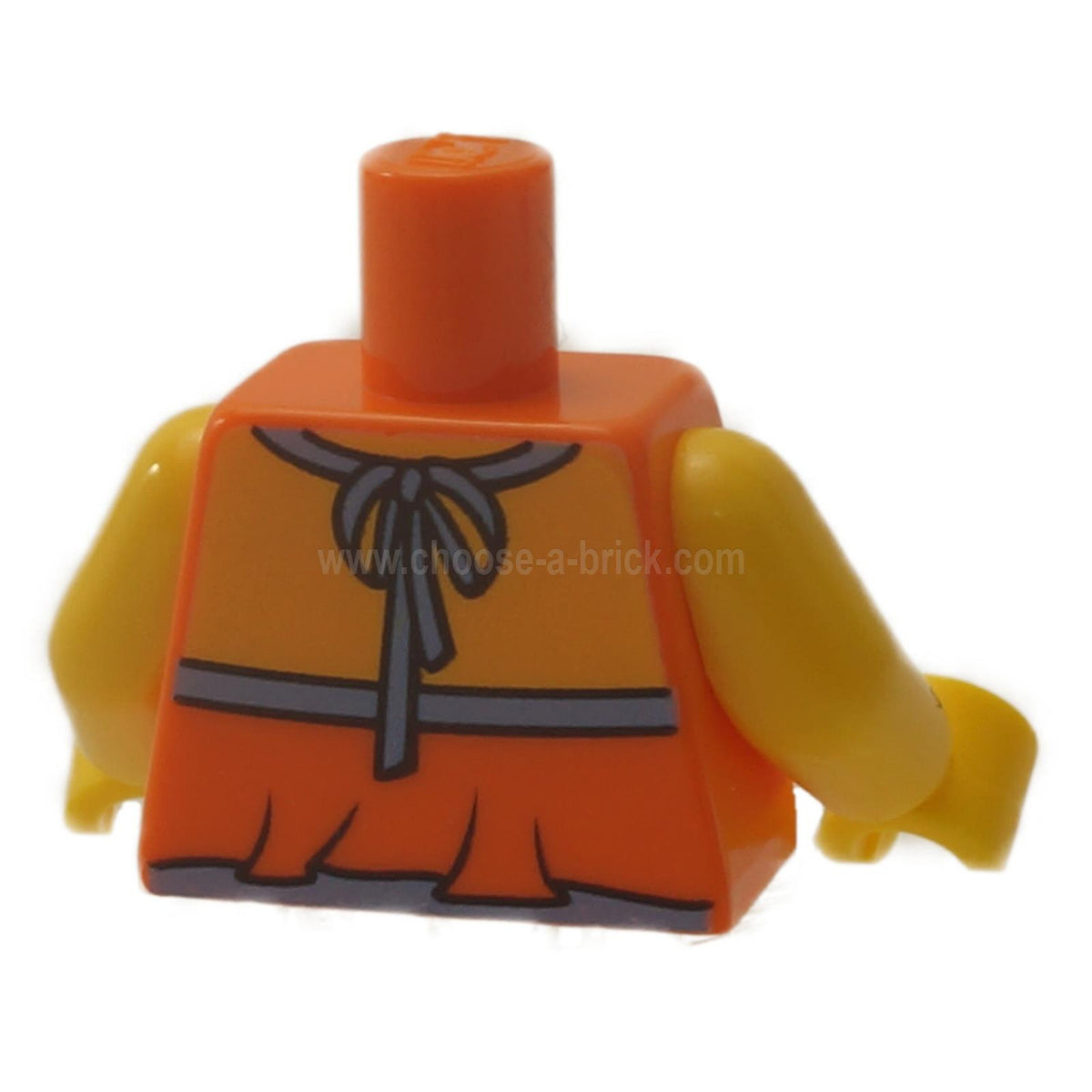 Orange LEGO torso 973pb0638c01 back with blue halter tie and yellow arms.