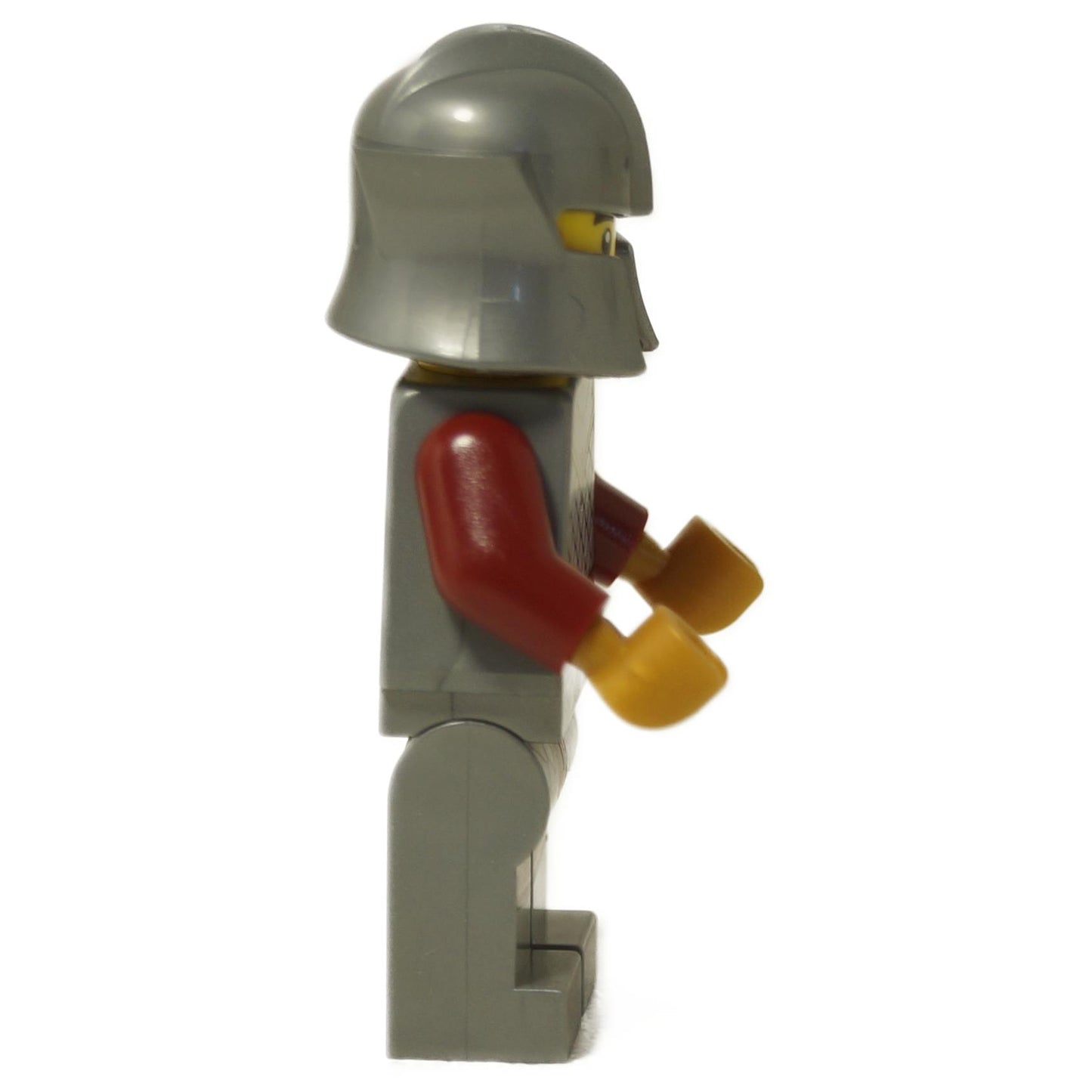 Side view of LEGO Griffin Knight minifigure showing dark red sleeves, silver helmet, and tan hands.