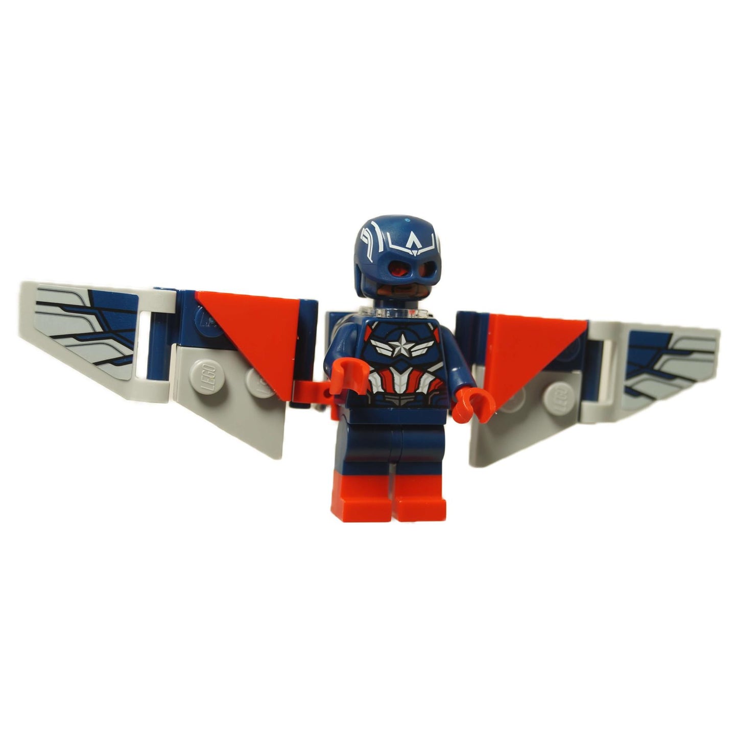 LEGO® Captain America (Sam Wilson) minifigure with dark blue suit and applied wing stickers, no shield included, from set 76292.
