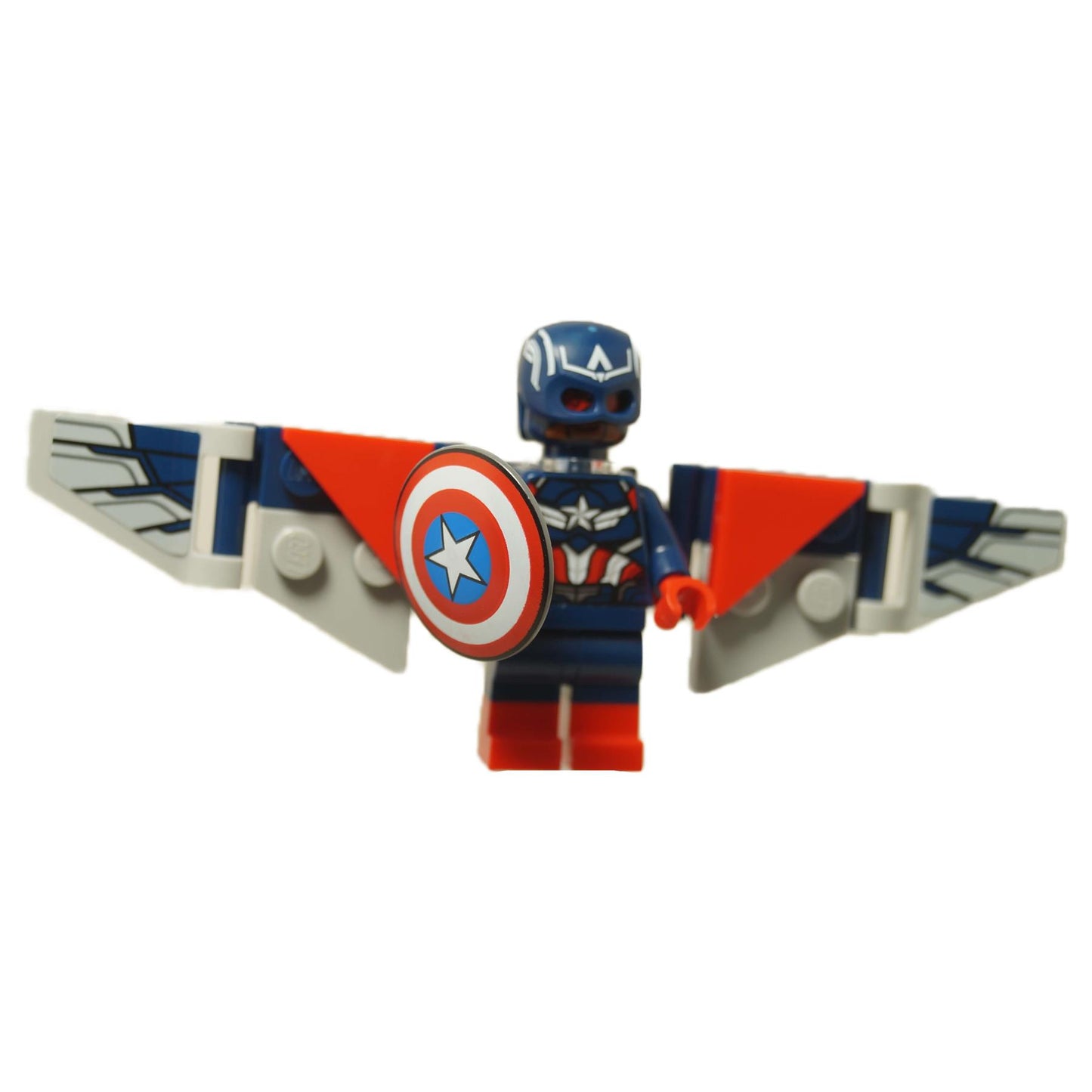 Front view of LEGO Captain America Sam Wilson minifigure (sh1003) holding shield, wearing dark blue suit and large wings.
