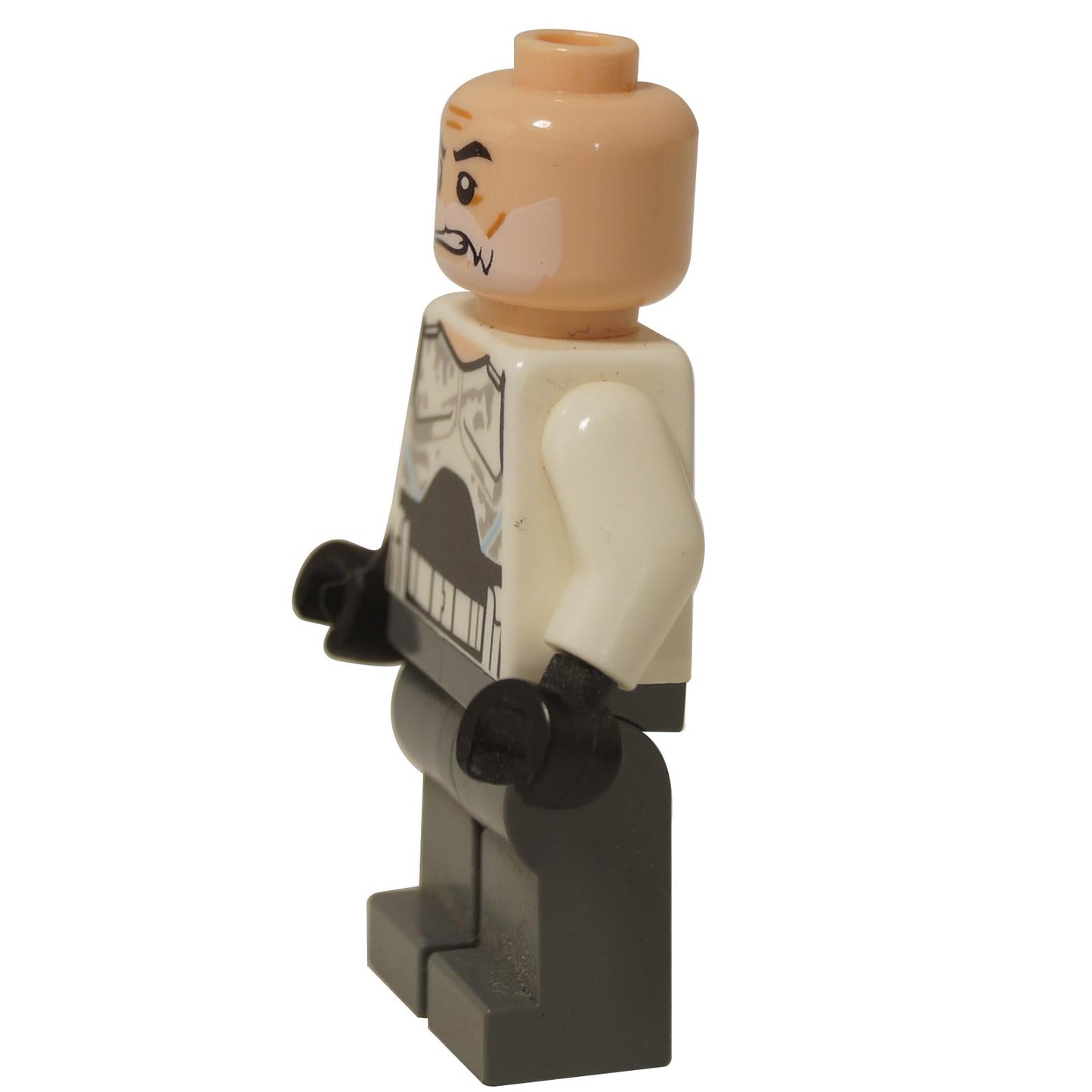 Front view of the LEGO® Star Wars minifigure of an old Captain Rex, showing his bald head with a white beard, and his weathered, partially stripped-down Clone Trooper armor torso. Side view.