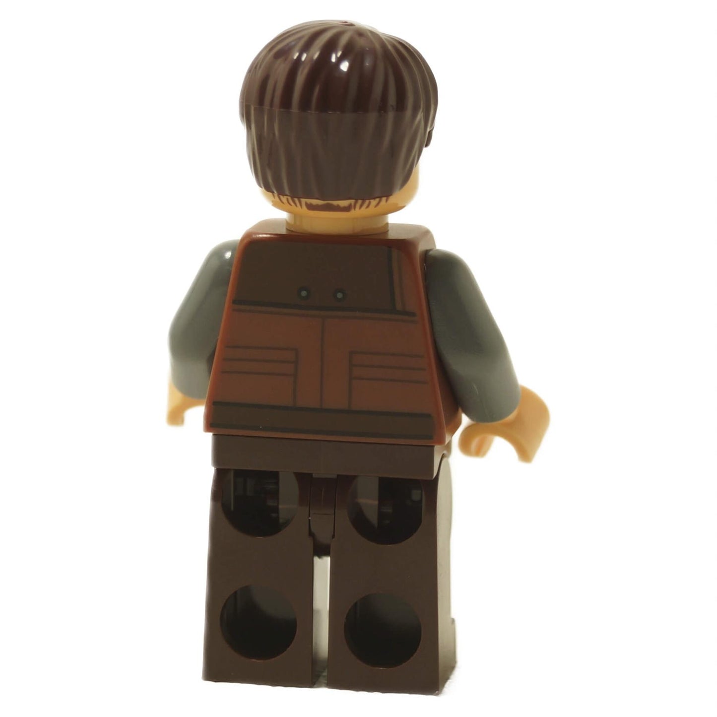 Cassian Andor minifigure back view with reddish brown vest, dark brown legs, and printed torso