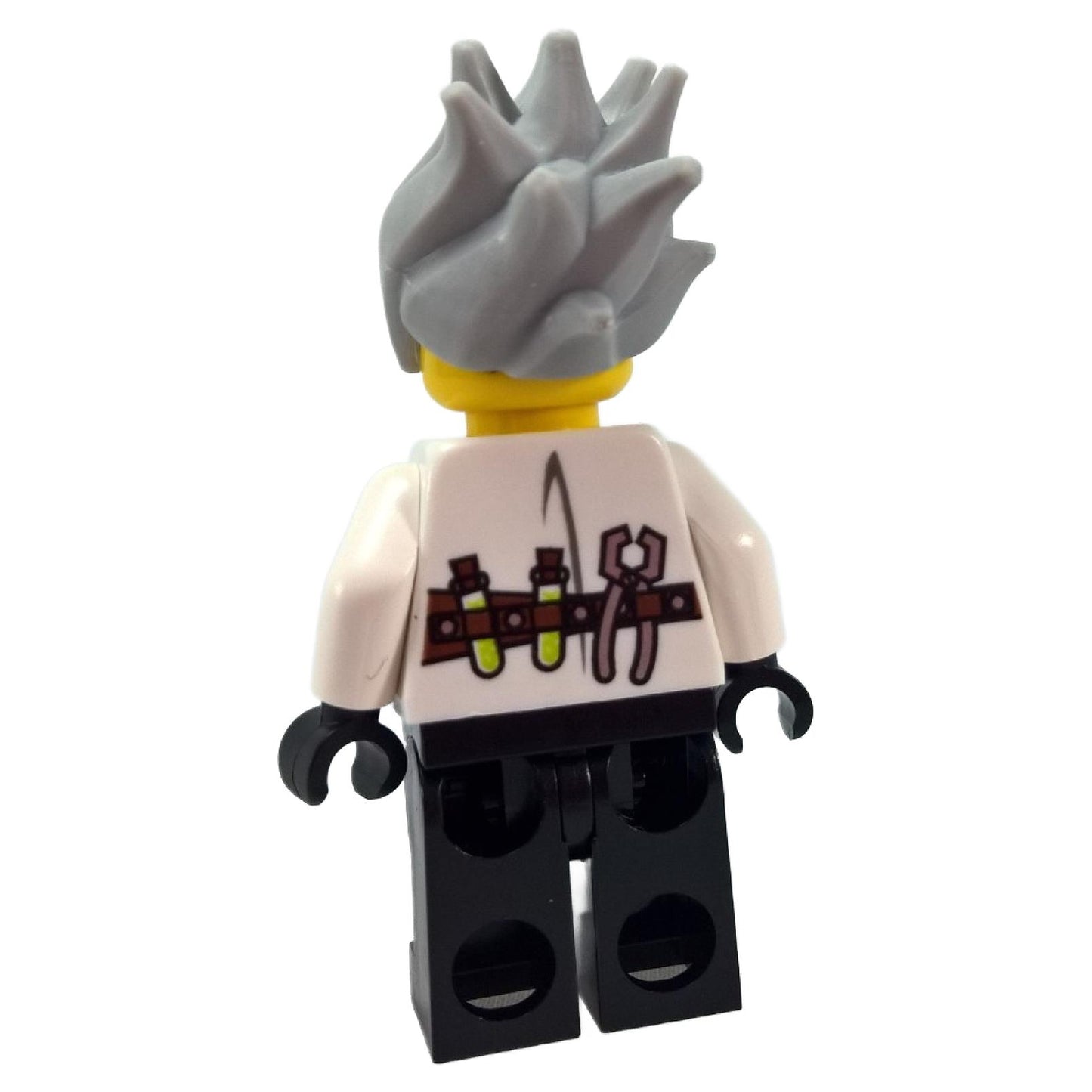 LEGO® Monster Fighters Crazy Scientist minifigure back view showing printed potion bottles and tools on belt.