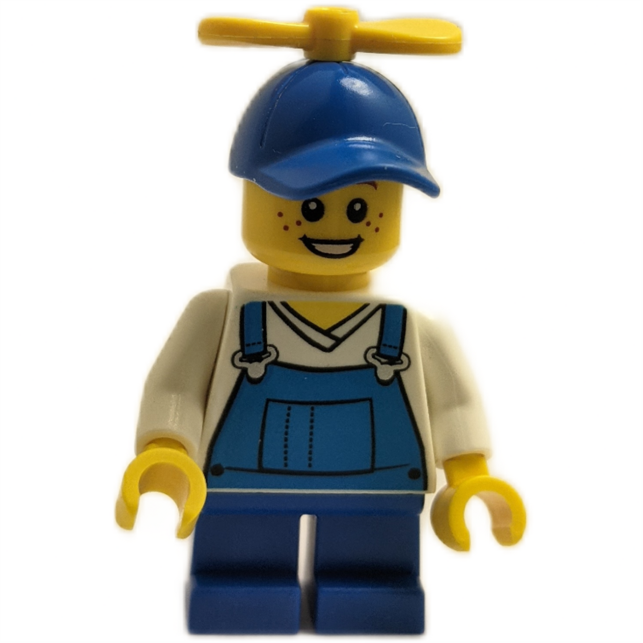 LEGO Billy McCloud minifigure, front view, blue overalls and propeller cap.