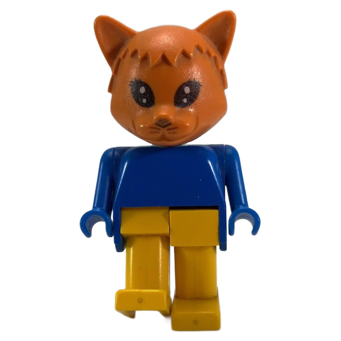 LEGO Fabuland Charlie Cat Minifigure (fab3e) with blue torso and yellow legs, front view.