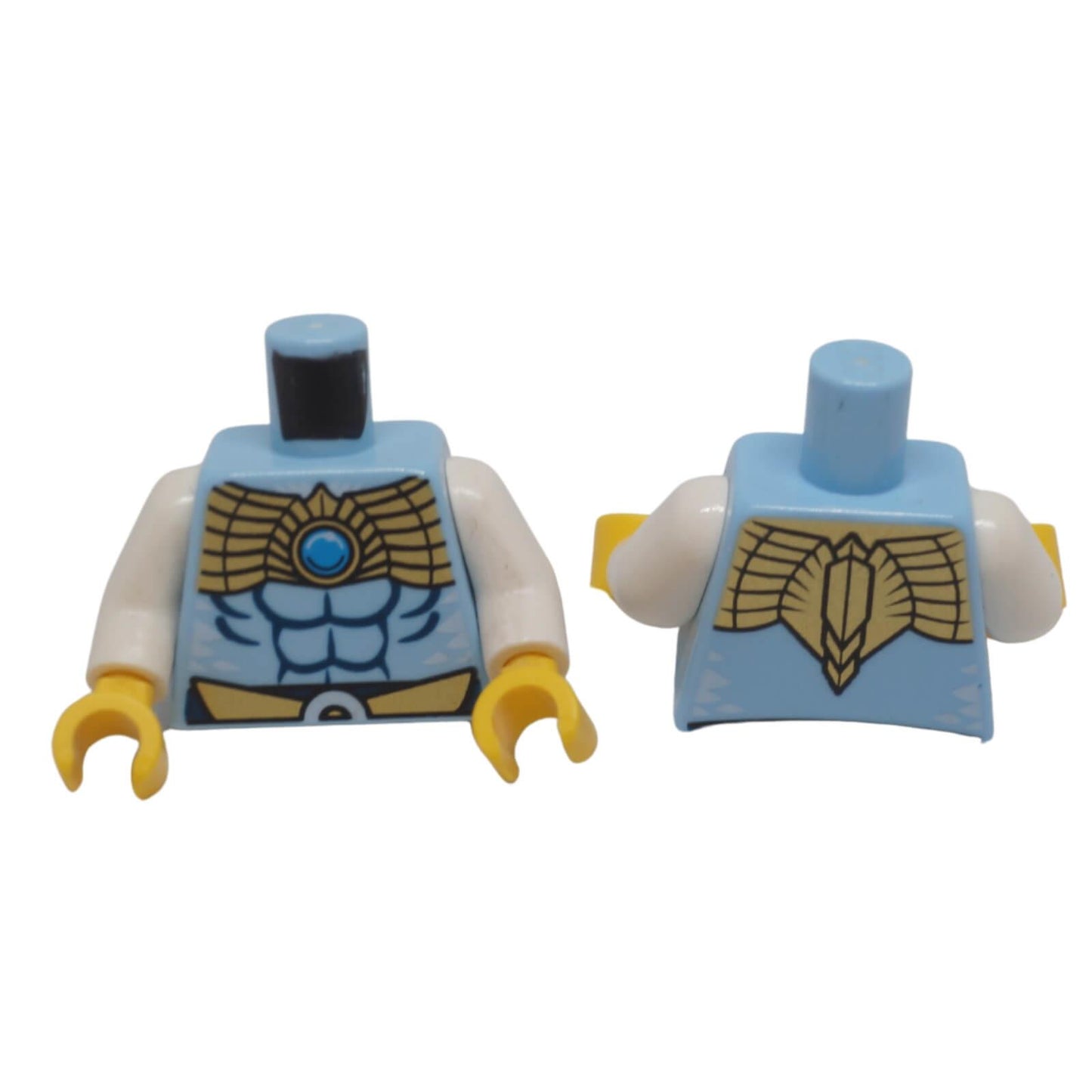 LEGO® Chima printed minifigure torso 973pb1301c01 with gold shoulder armour, muscle print and matching back design shown from front and back
