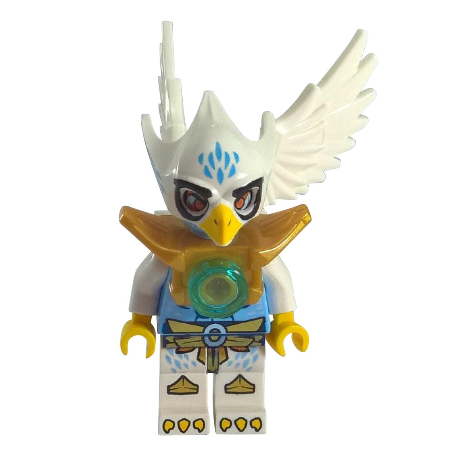 LEGO Chima Equila minifigure loc010 with white wings, an eagle helmet with blue markings, and golden armor with a CHI orb. Front view.