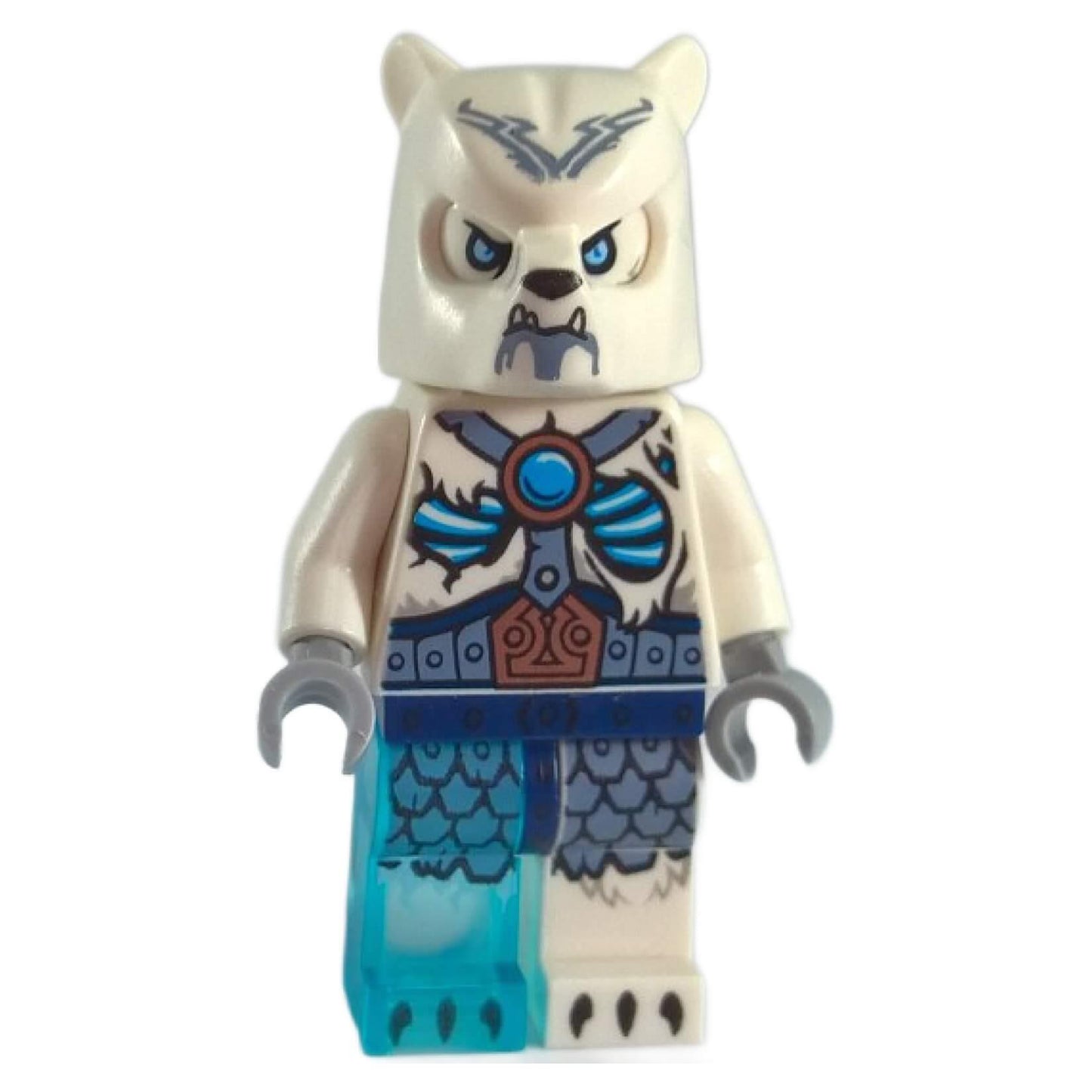 LEGO Chima Ice Bear Warrior minifigure loc120 with tribal tattoos, printed scale mail armor, and a translucent blue frozen leg. Front view.