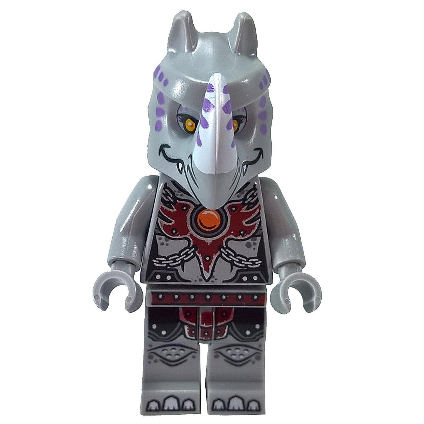 LEGO Chima Rinona minifigure loc158 in her Fire Chi outfit, with a rhino helmet featuring purple spots and printed red and silver armor. Front view.