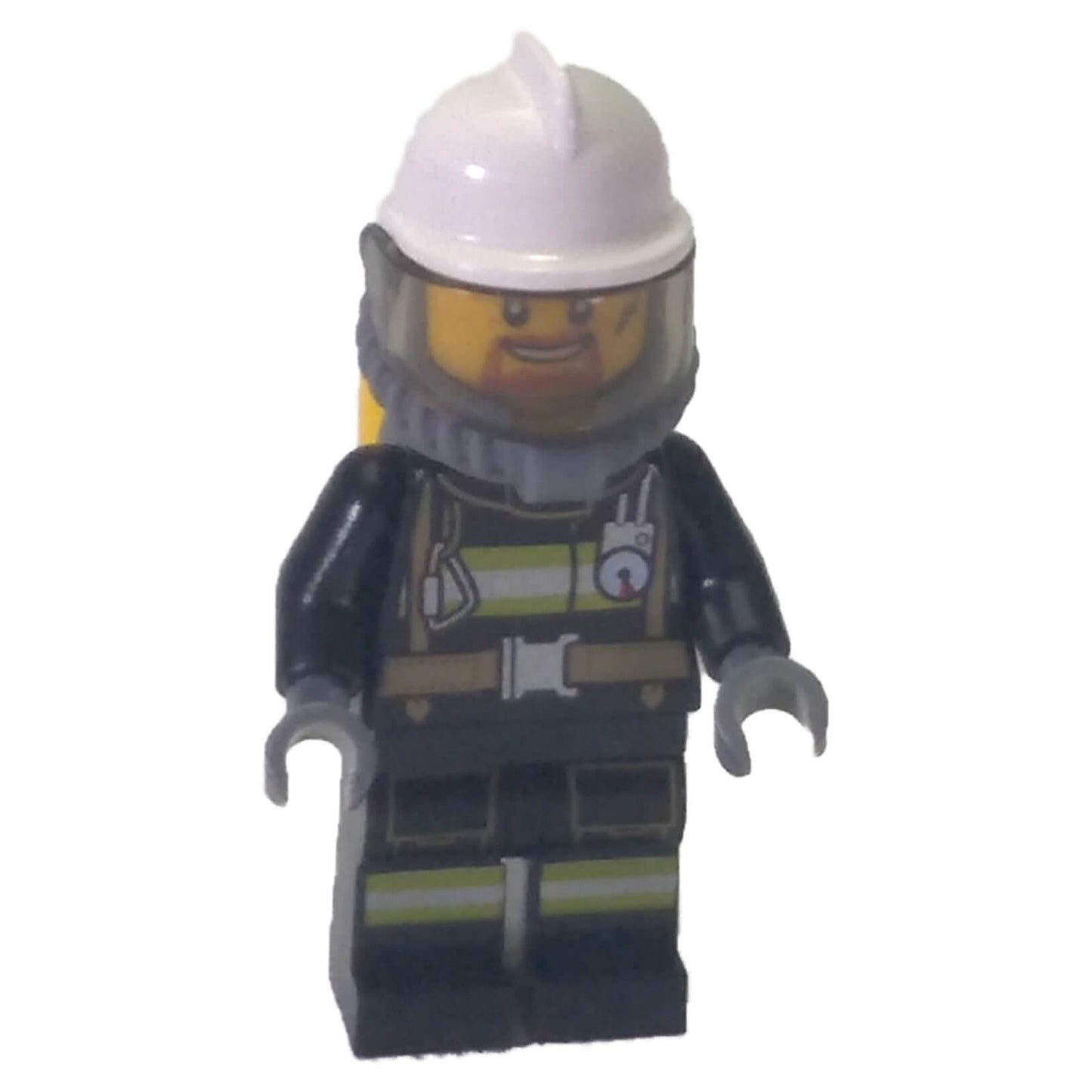 LEGO City firefighter minifigure cty0626 with white helmet, visor, breathing gear and reflective stripe uniform
