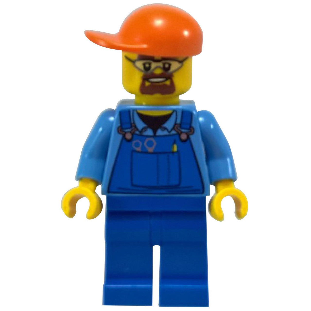 LEGO minifigure cty398 in blue overalls, orange cap, and safety goggles.