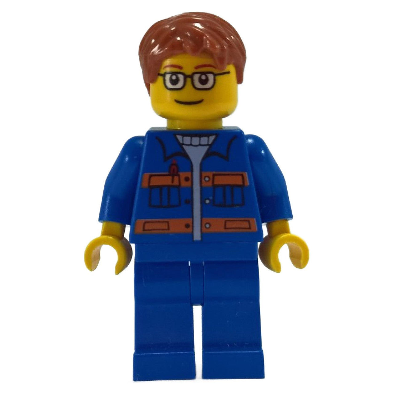 LEGO city worker minifigure with blue jacket glasses and brown hair front view