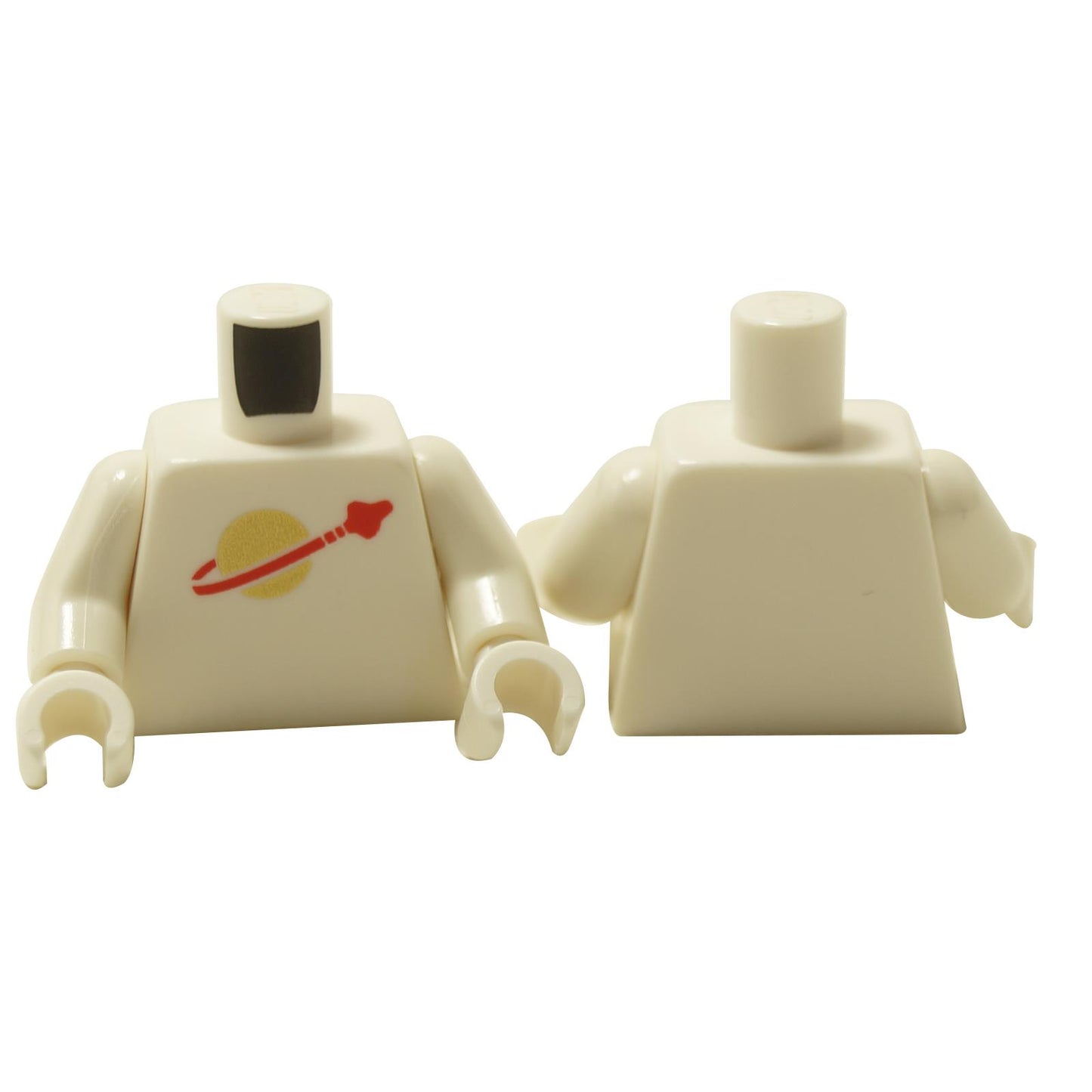 Classic Space minifigure torso in white with moon logo print, shown from front and back