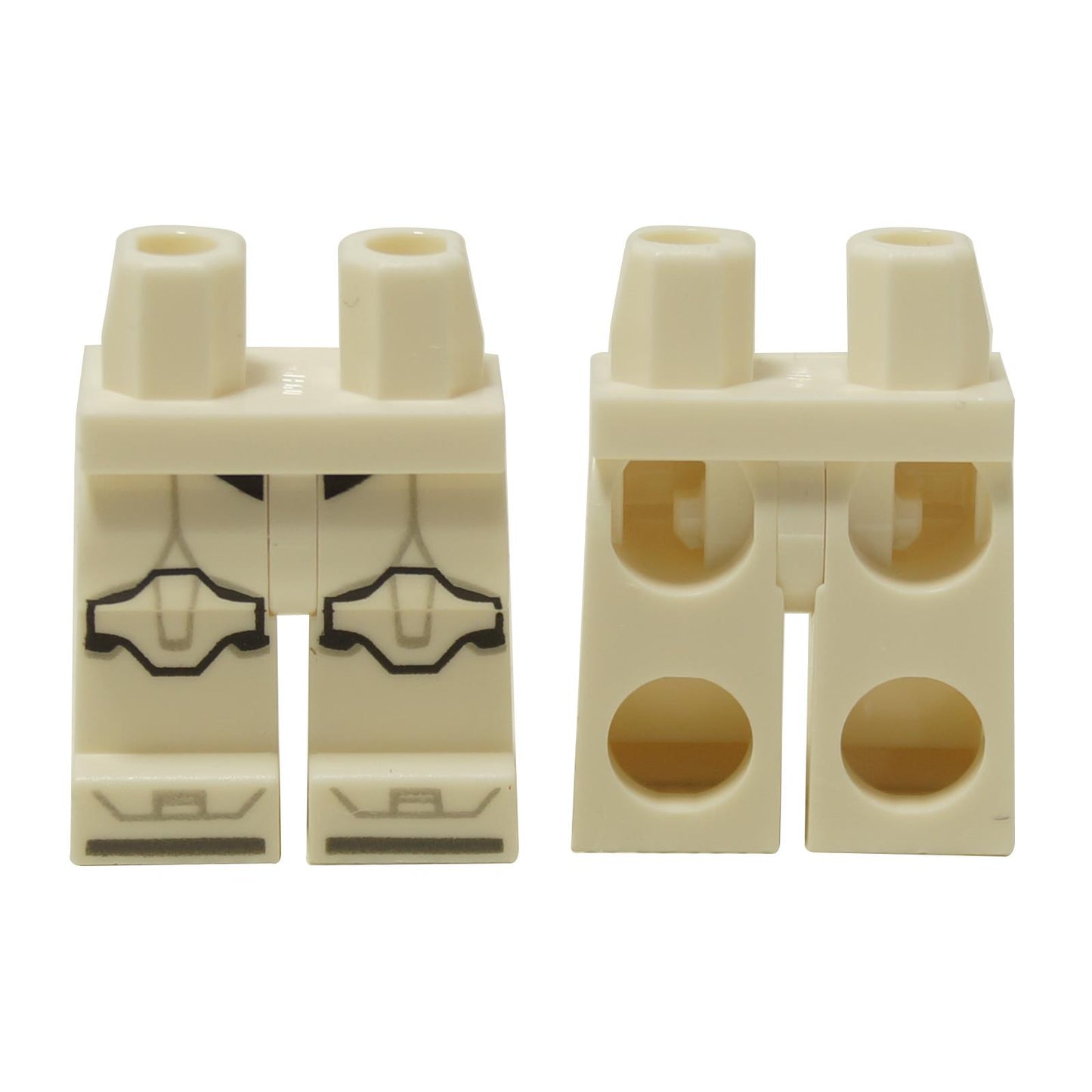White Clone Trooper minifigure legs with gray armor markings and kneepad print, front and back view