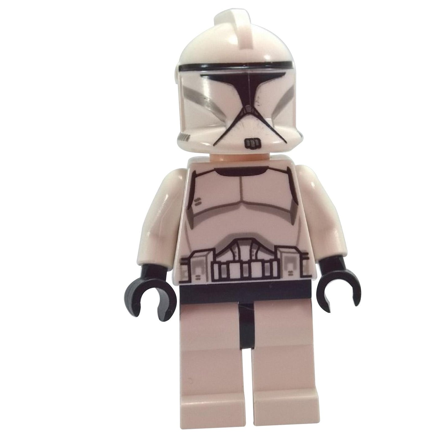 Clone Trooper Phase 1 minifigura elölnézetben, ráncos arccal, fehér páncéllal és klasszikus sisaknyomattal
