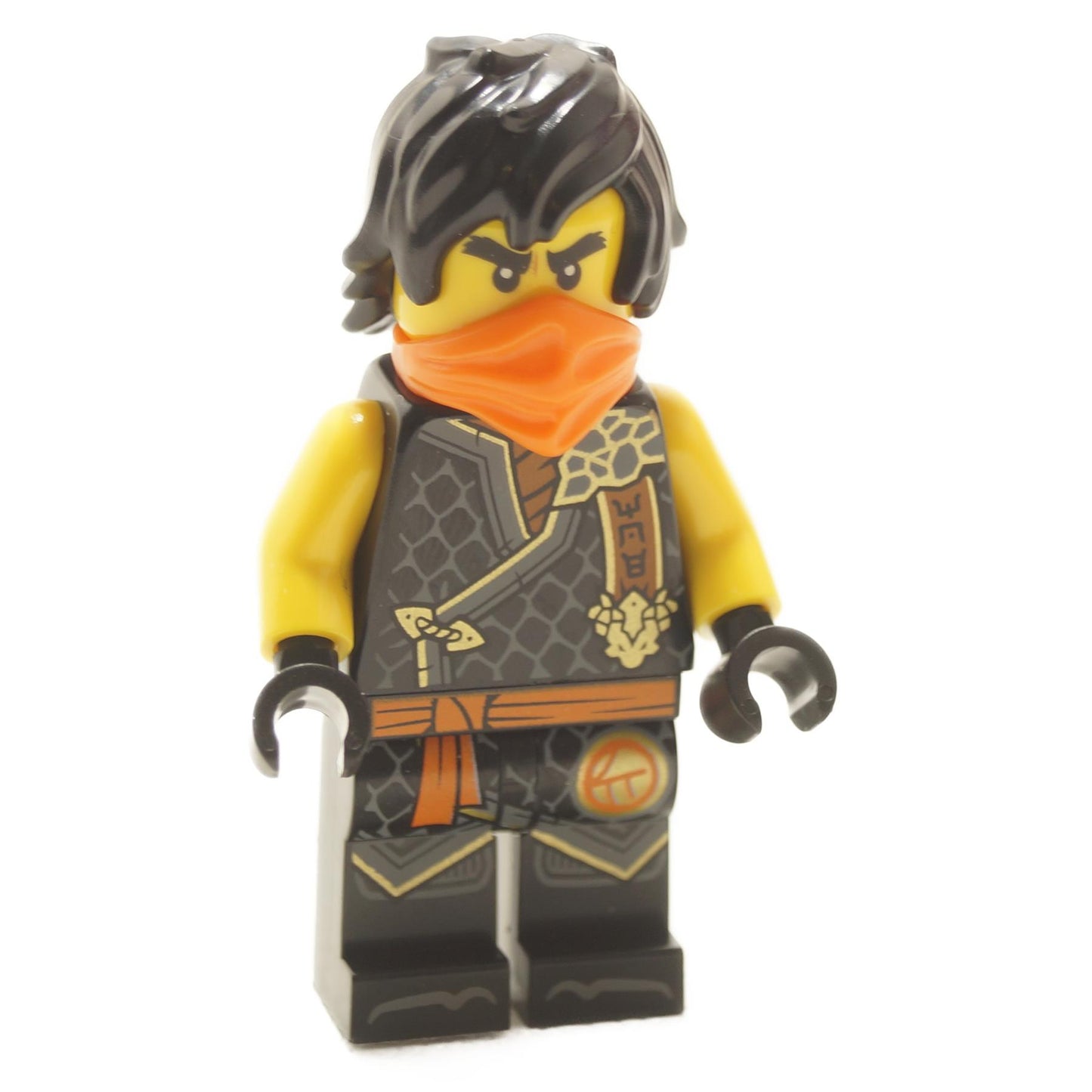 LEGO minifigure of Cole from NINJAGO in Tournament Armor with black and gold robes, and orange mask.