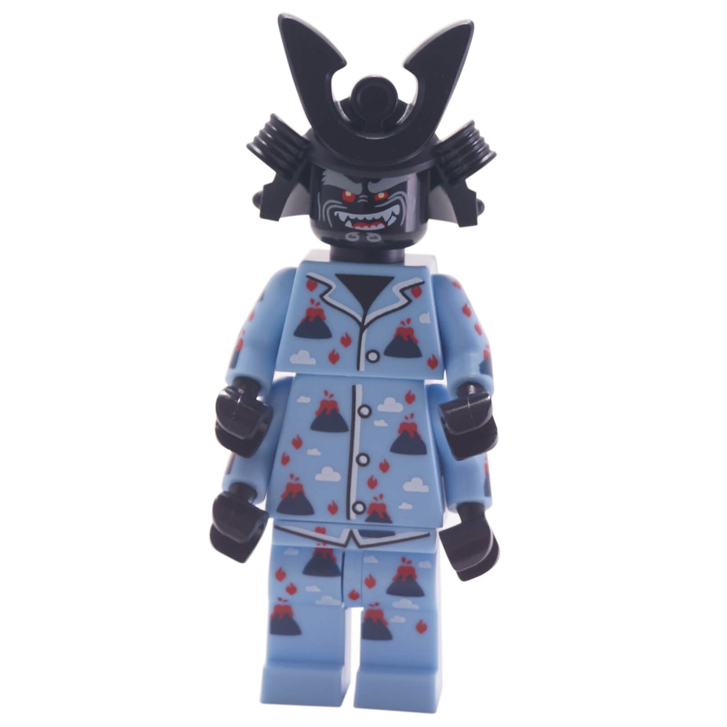 LEGO® Volcano Garmadon minifigure wearing light blue volcano-print pajamas with samurai helmet and angry expression