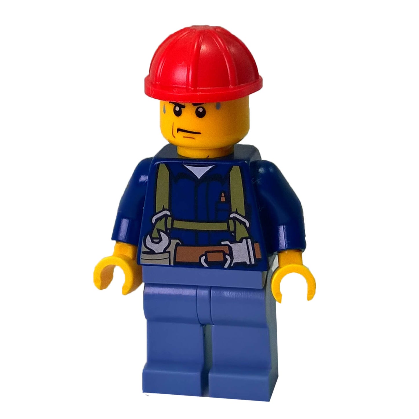 LEGO construction worker minifigure with harness wrench print red helmet and blue workwear