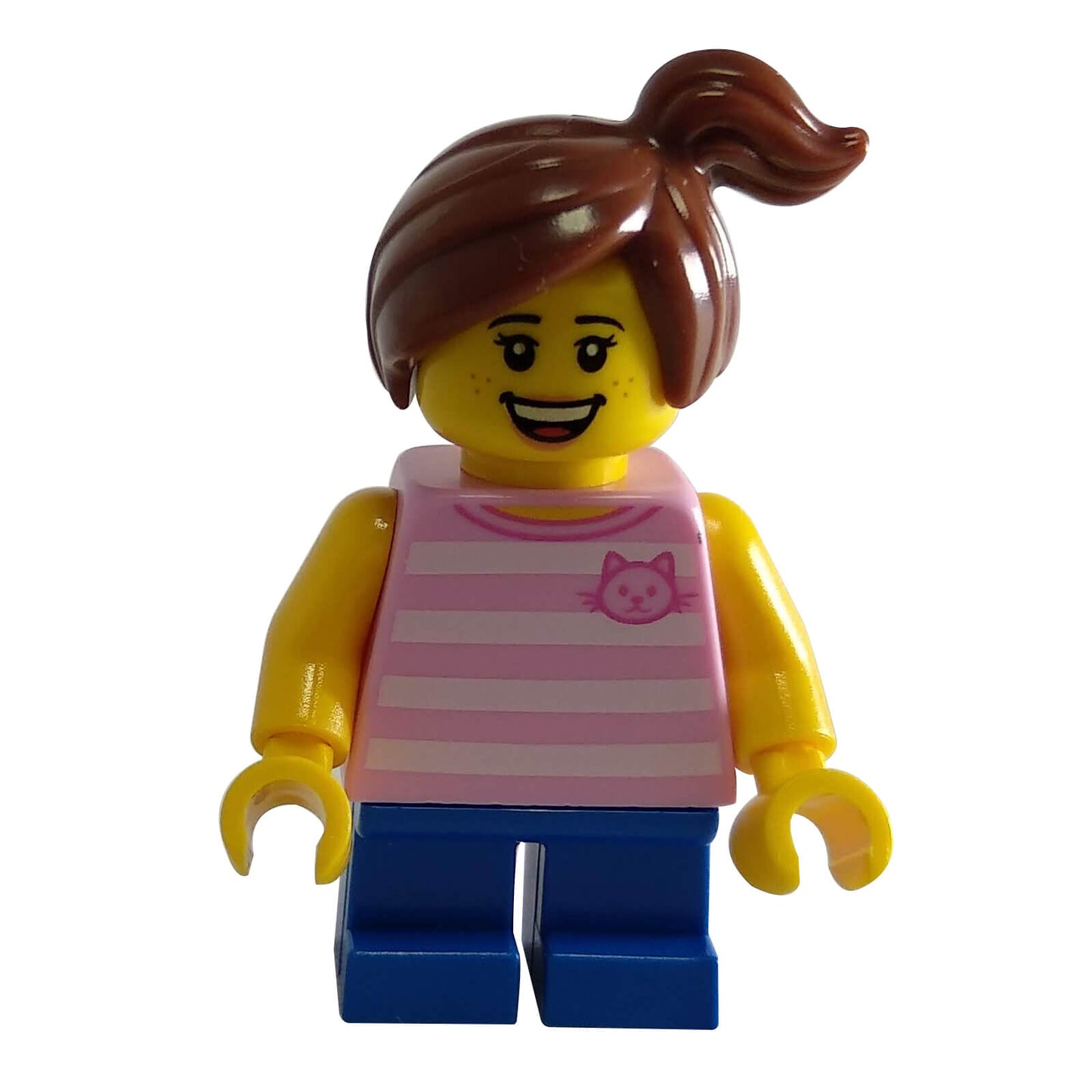 Girl minifigure twn338 with pink striped top and brown ponytail.