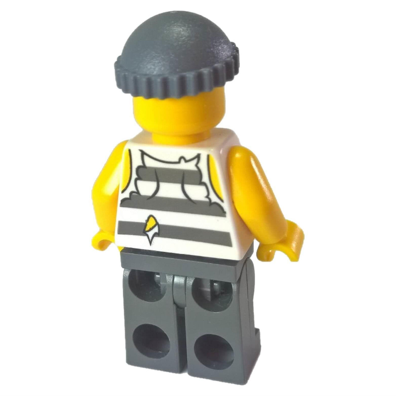 LEGO criminal minifigure torn prison shirt beard beanie cty0481, back view.
