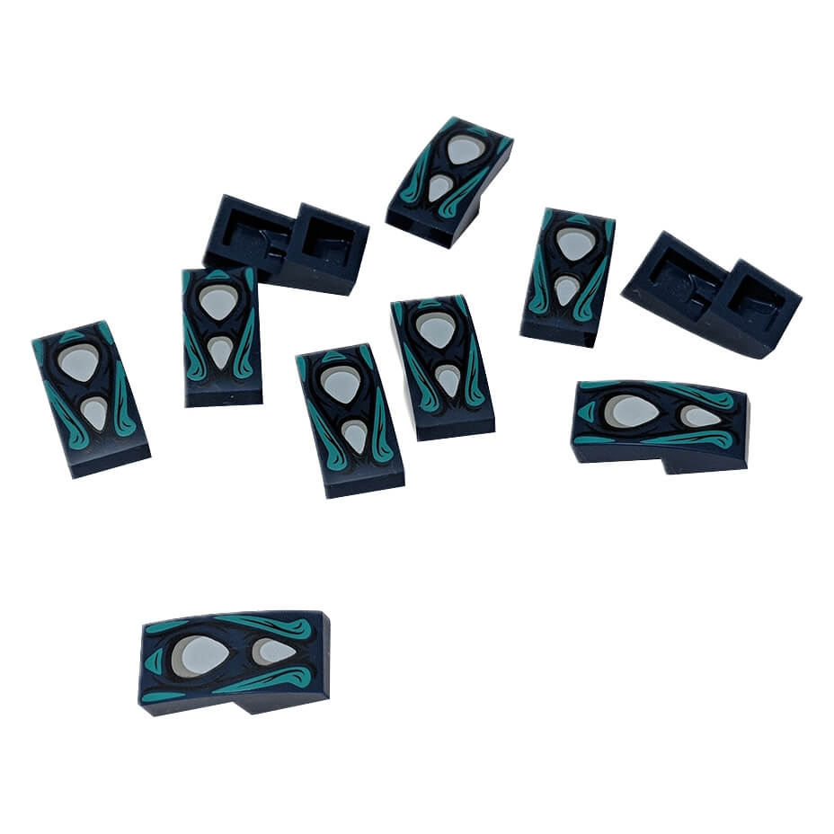 LEGO® curved 2 x 1 slope 11477pb125 with two white eyes and dark turquoise highlights