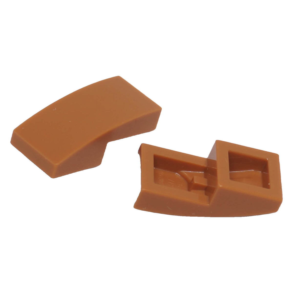LEGO Curved Slope 2 x 1 x 2/3 part 11477 shown from top and underside medium nougat
