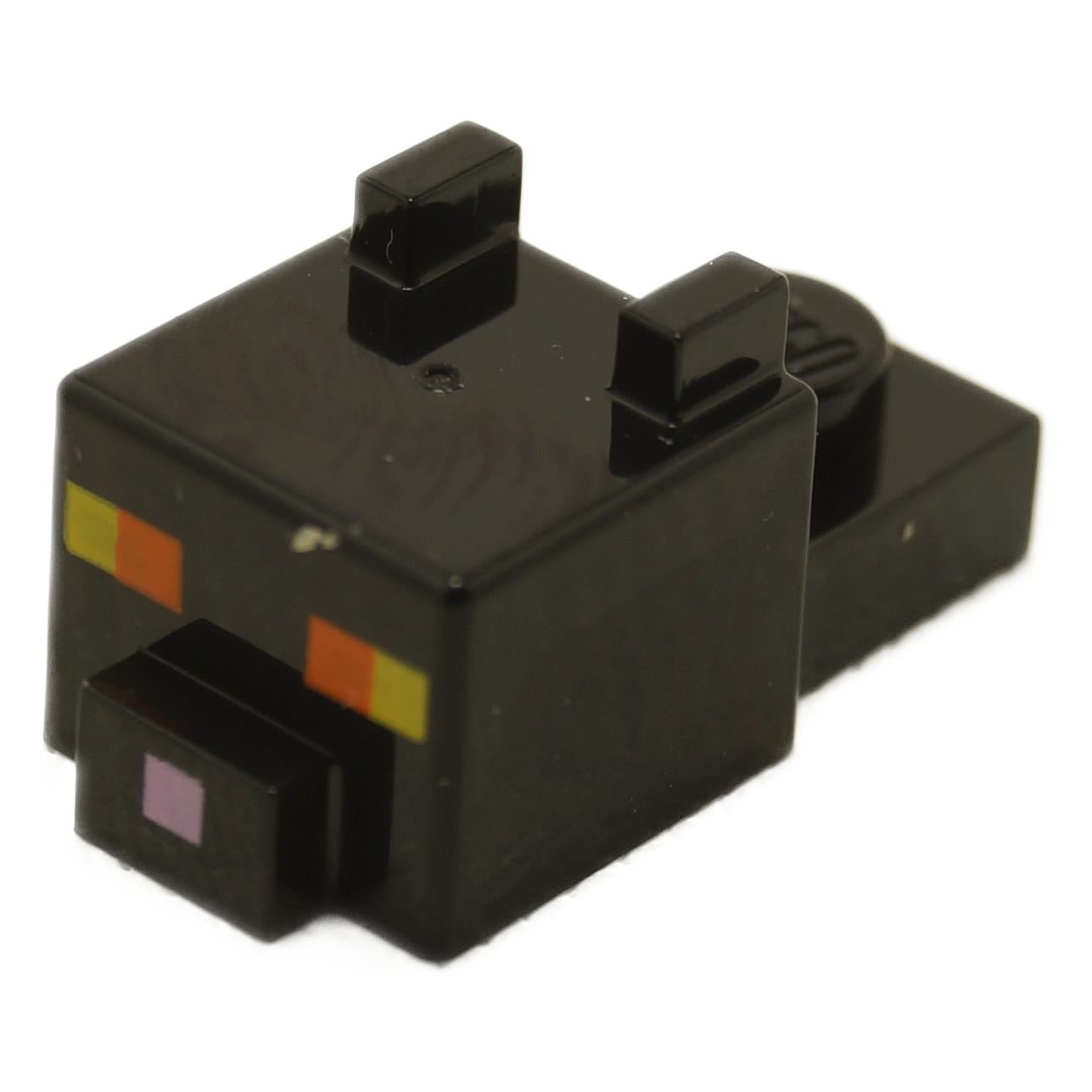 A pixelated black cat head with orange and yellow eyes and a bright pink nose pattern, designed for LEGO Minecraft.