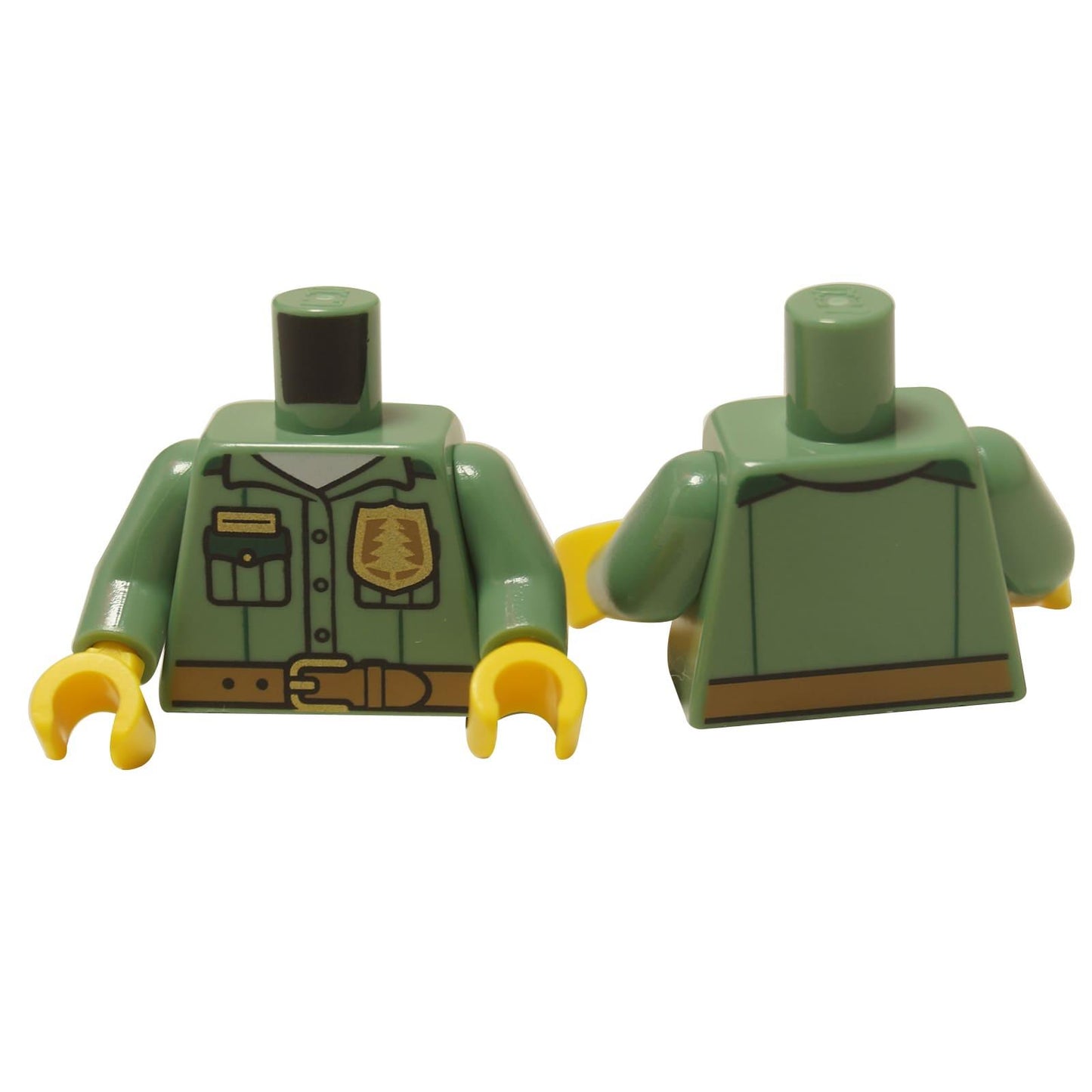 LEGO® Tělo Forest Ranger (973pb5011c01) v pískově zelené barvě, zobrazující přední část uniformy s odznakem stromu a hladkým zadním dílem.