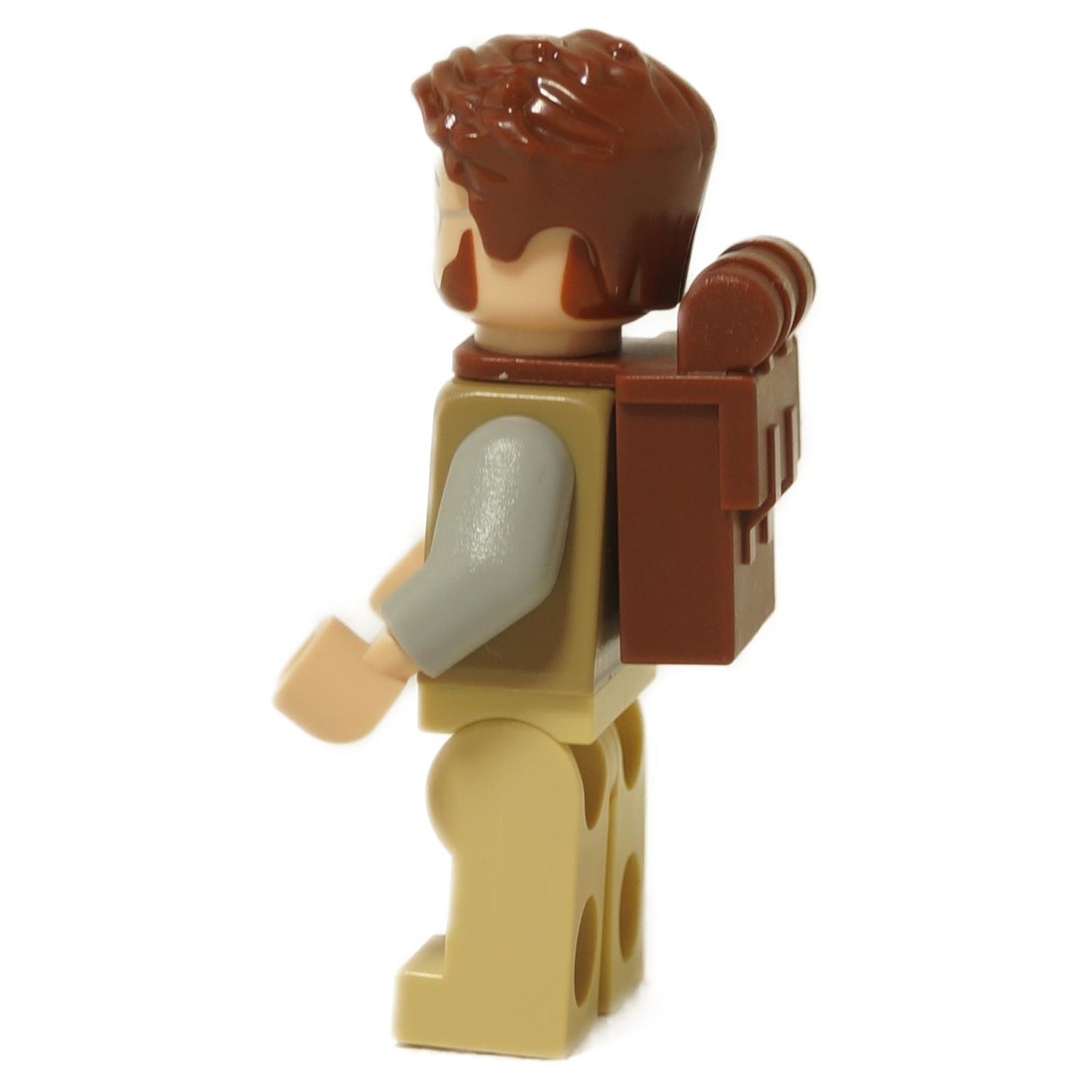Side profile of the LEGO® Jurassic World Dr. Henry Loomis minifigure (jw136) showing the printed jacket and the brown backpack from another angle.