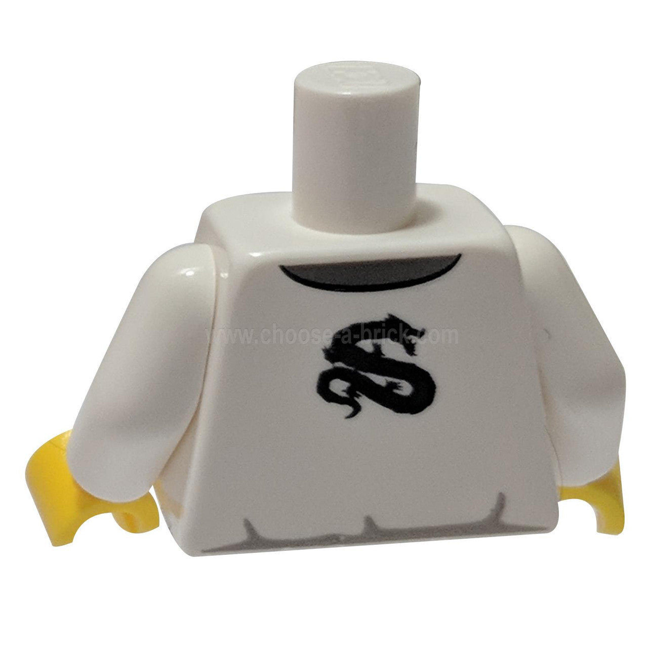 White LEGO torso 973pb1200c01 with black dragon back print and yellow hands.