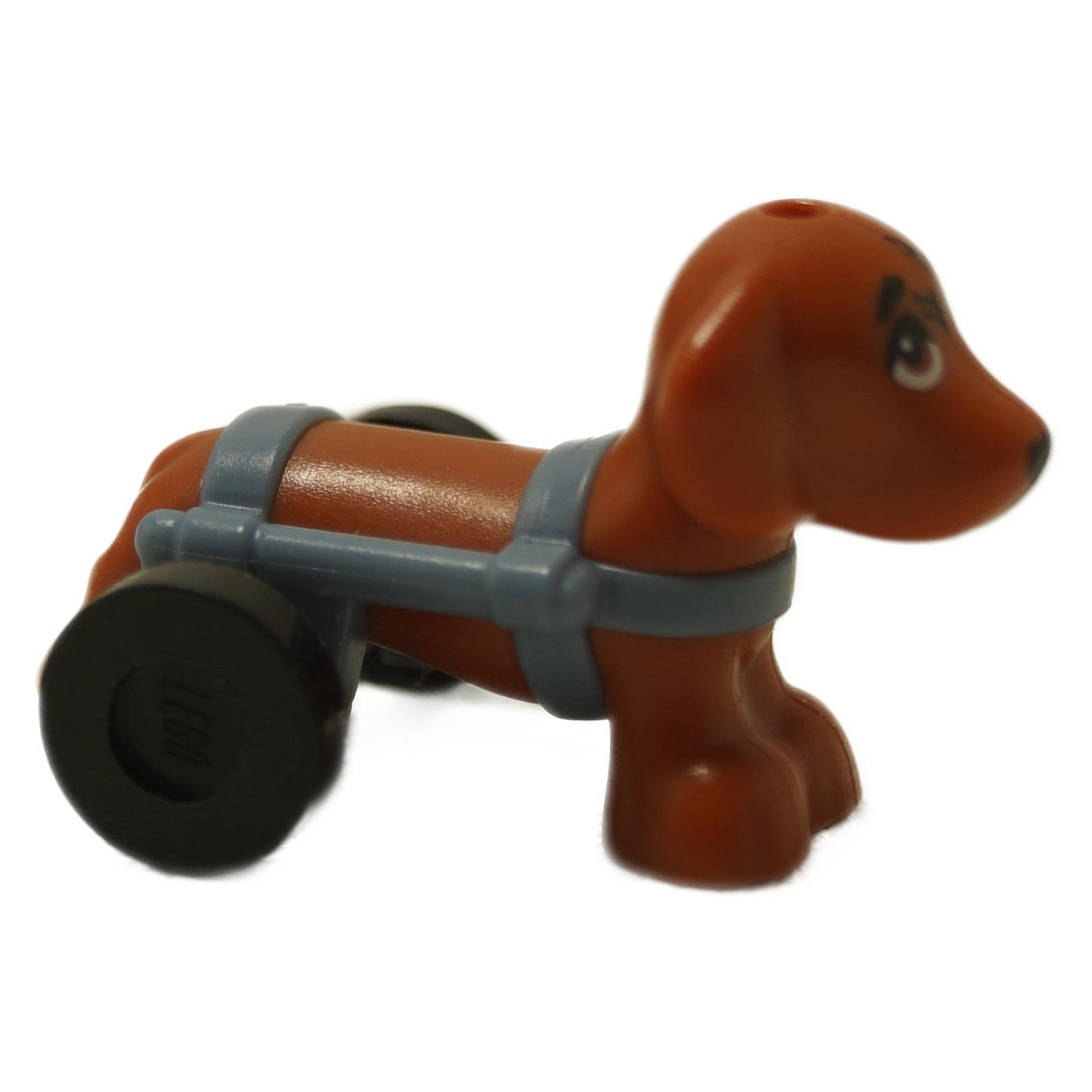 Dachshund dog figure side view with gray wheelchair harness and black rear wheels