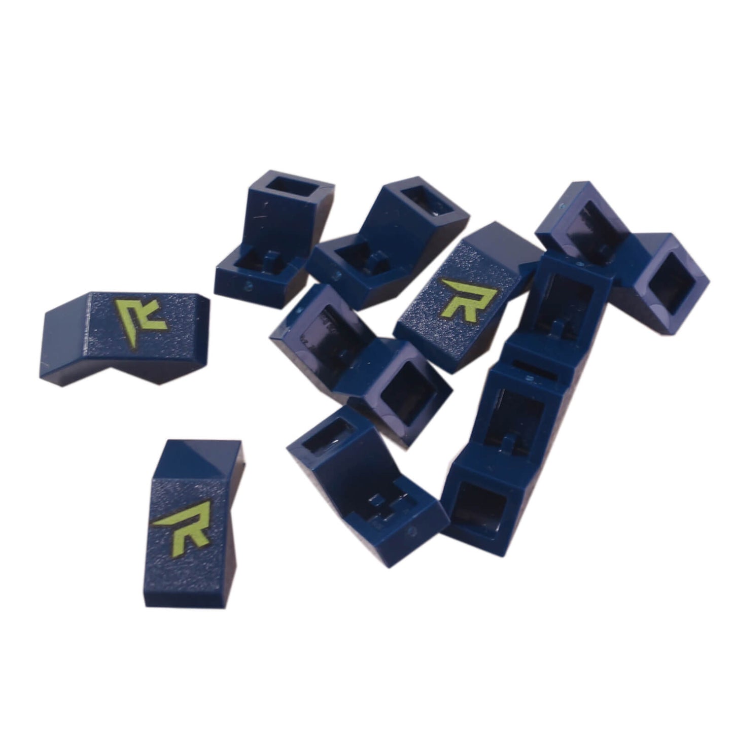 Dark blue LEGO® 2 x 1 slope 28192pb001 with lime letter R print