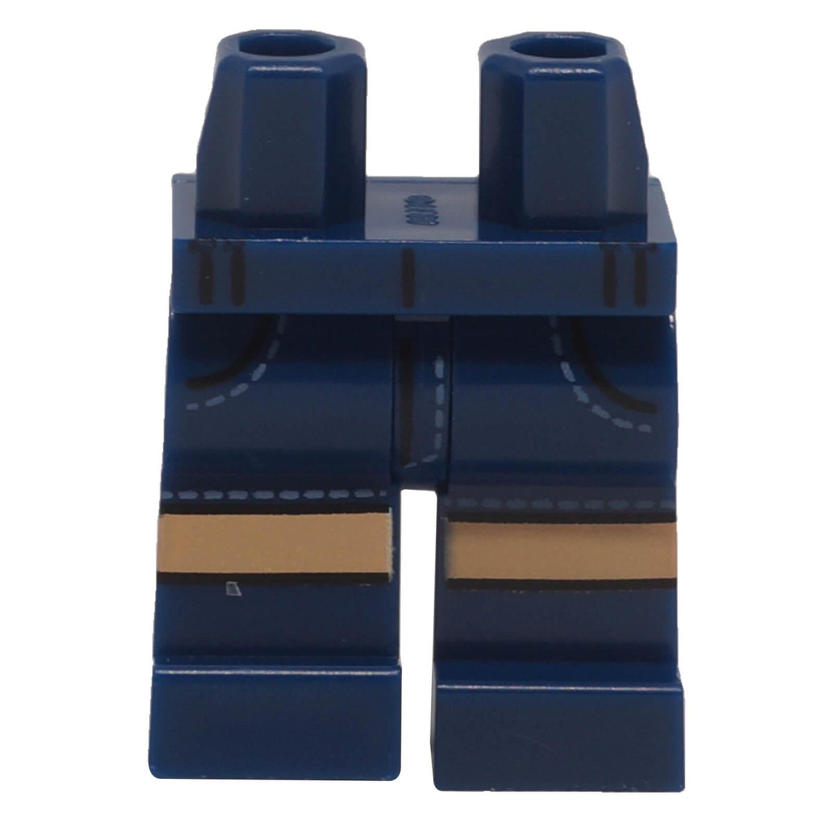 Front view of dark blue LEGO minifigure legs with pocket outlines, sand blue stitching and medium tan knee panels